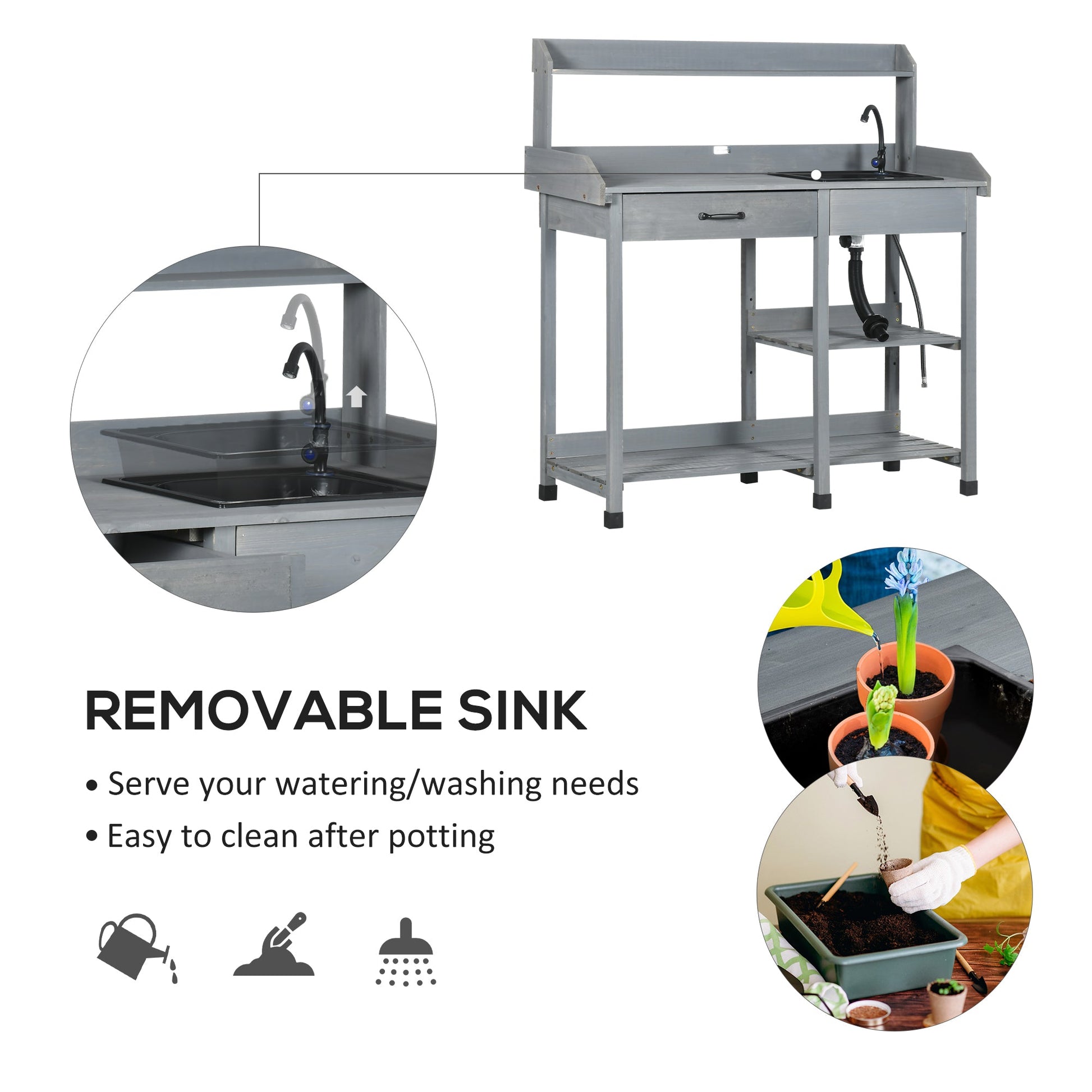 Potting Bench Table Garden Work Bench Workstation with Drawer, Removable Sink, Storage Shelves and Hooks for Patio, Courtyards, Balcony