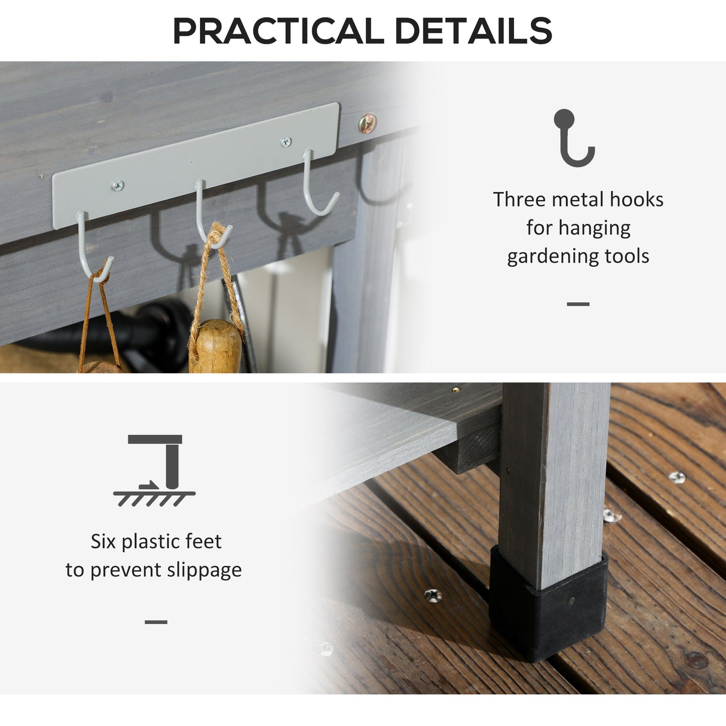 Potting Bench Table Garden Work Bench Workstation with Drawer, Removable Sink, Storage Shelves and Hooks for Patio, Courtyards, Balcony