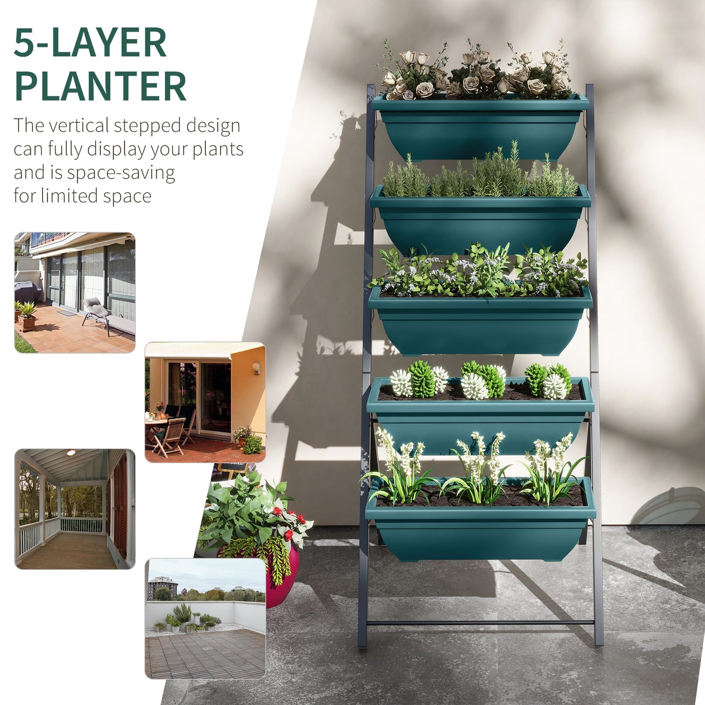 5-Tier Raised Garden Bed with 5 Planter Boxes, Outdoor Plant Stand Grow Containers with Leaking Holes for Balcony Patio Outdoor, Green