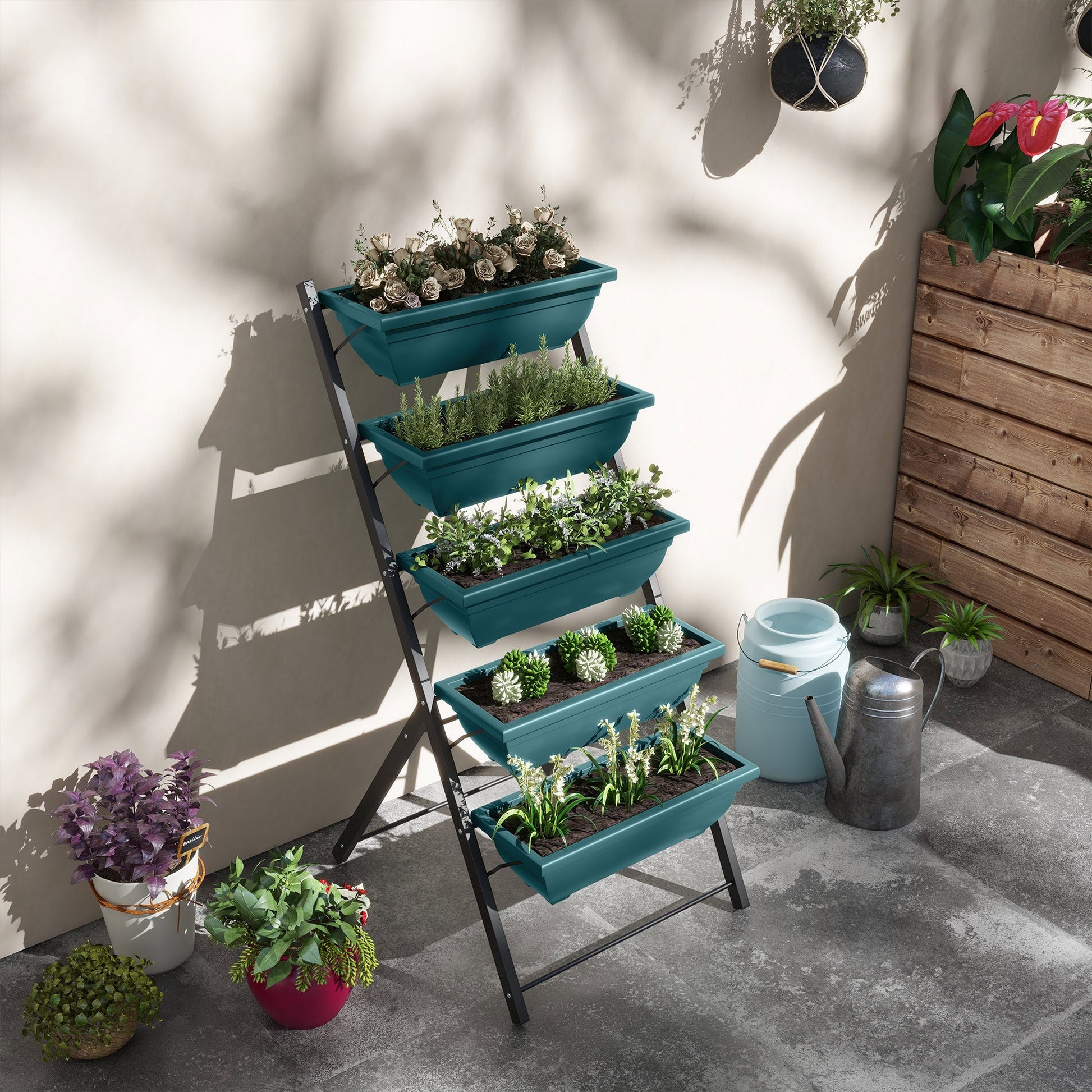 5-Tier Raised Garden Bed with 5 Planter Boxes, Outdoor Plant Stand Grow Containers with Leaking Holes for Balcony Patio Outdoor, Green