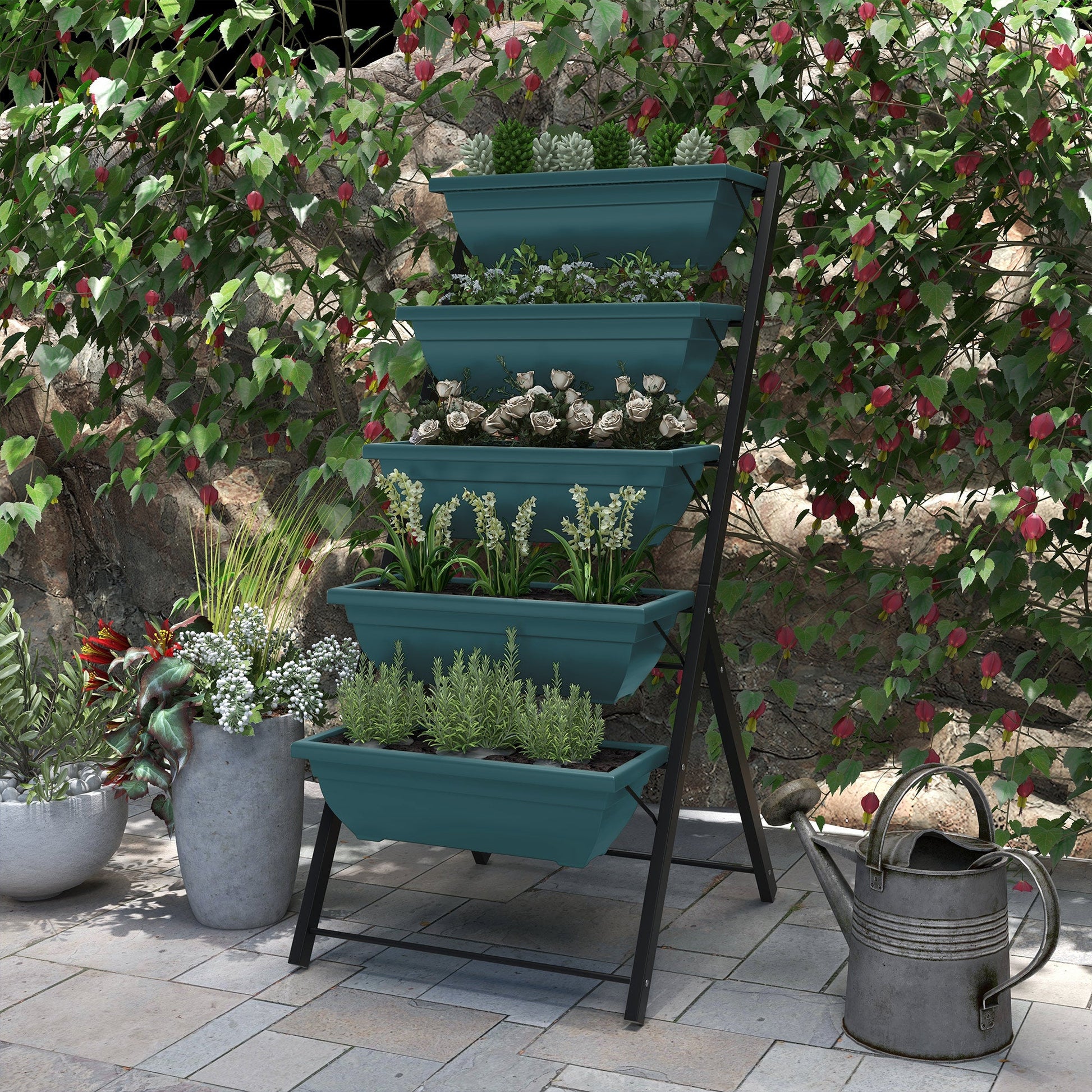 5-Tier Raised Garden Bed with 5 Planter Boxes, Outdoor Plant Stand Grow Containers with Leaking Holes for Balcony Patio Outdoor, Green