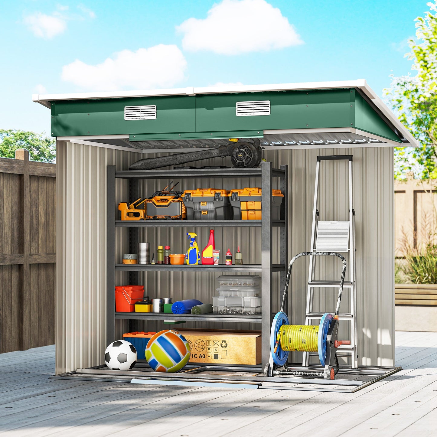 7'x 4' Outdoor Storage Shed, Metal Garden Shed with Lockable Double Doors, Foundation Kit and Vents for Patio, Backyard, Tool Storage, Green