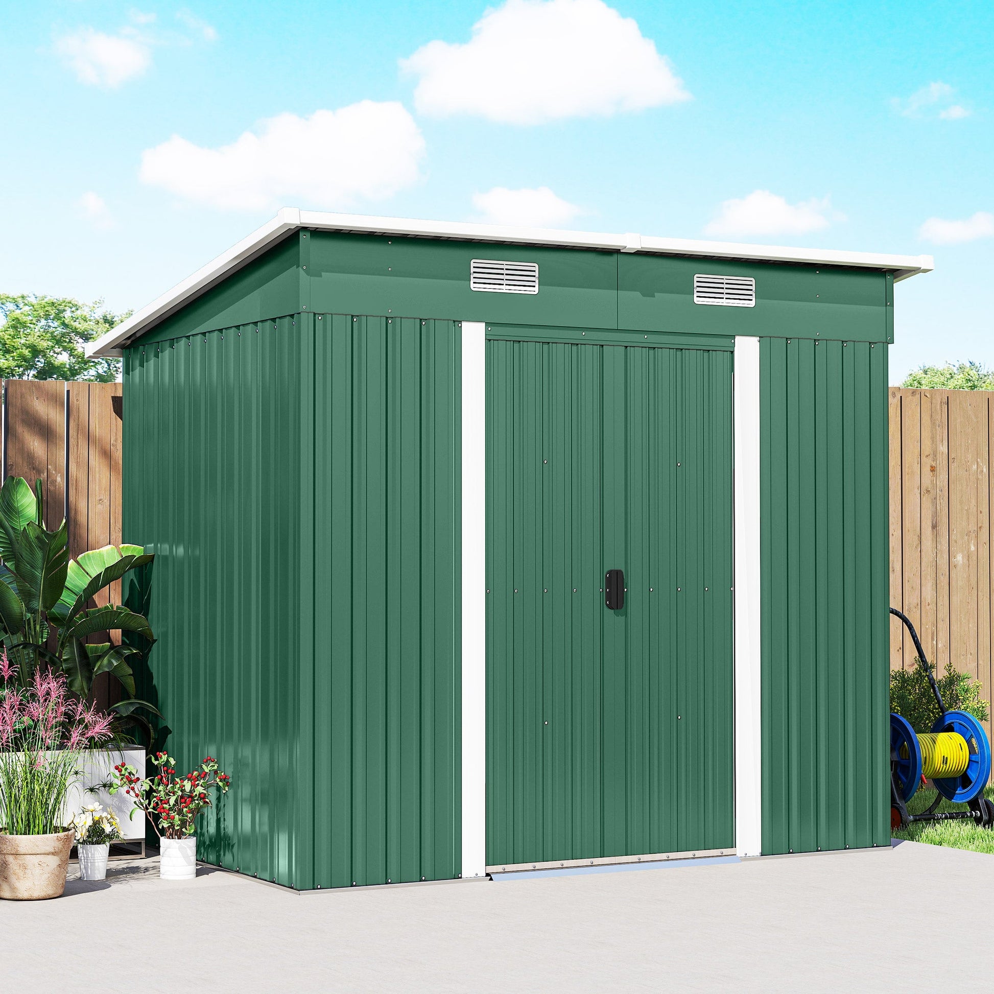 7'x 4' Outdoor Storage Shed, Metal Garden Shed with Lockable Double Doors, Foundation Kit and Vents for Patio, Backyard, Tool Storage, Green