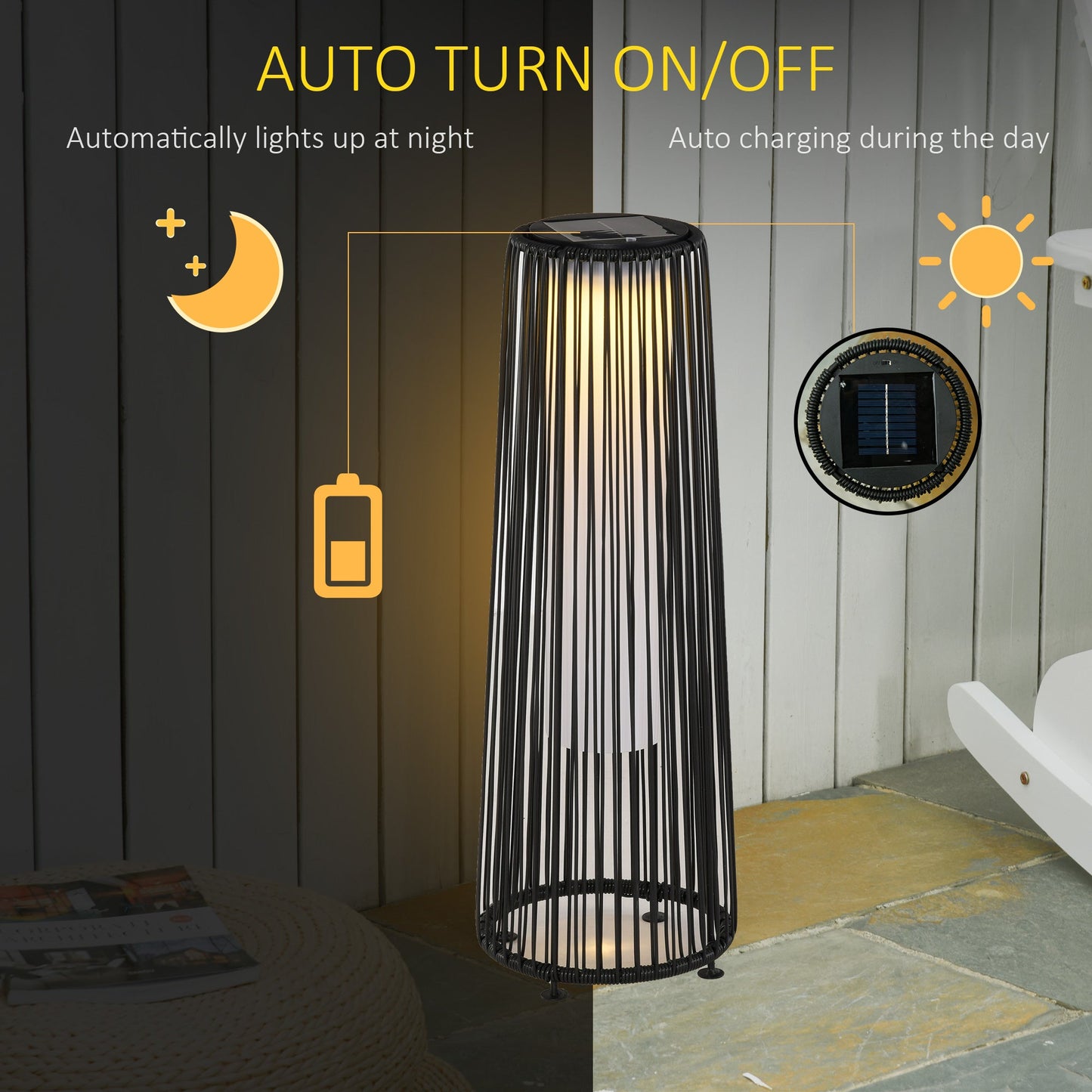 Wicker Solar Floor Lamp, 24" Solar Powered Outdoor Lamp with Auto On/Off LED Lights, IP44 Waterproof, Decorative Outdoor Lantern for Patio, Porch, Pathway, Black