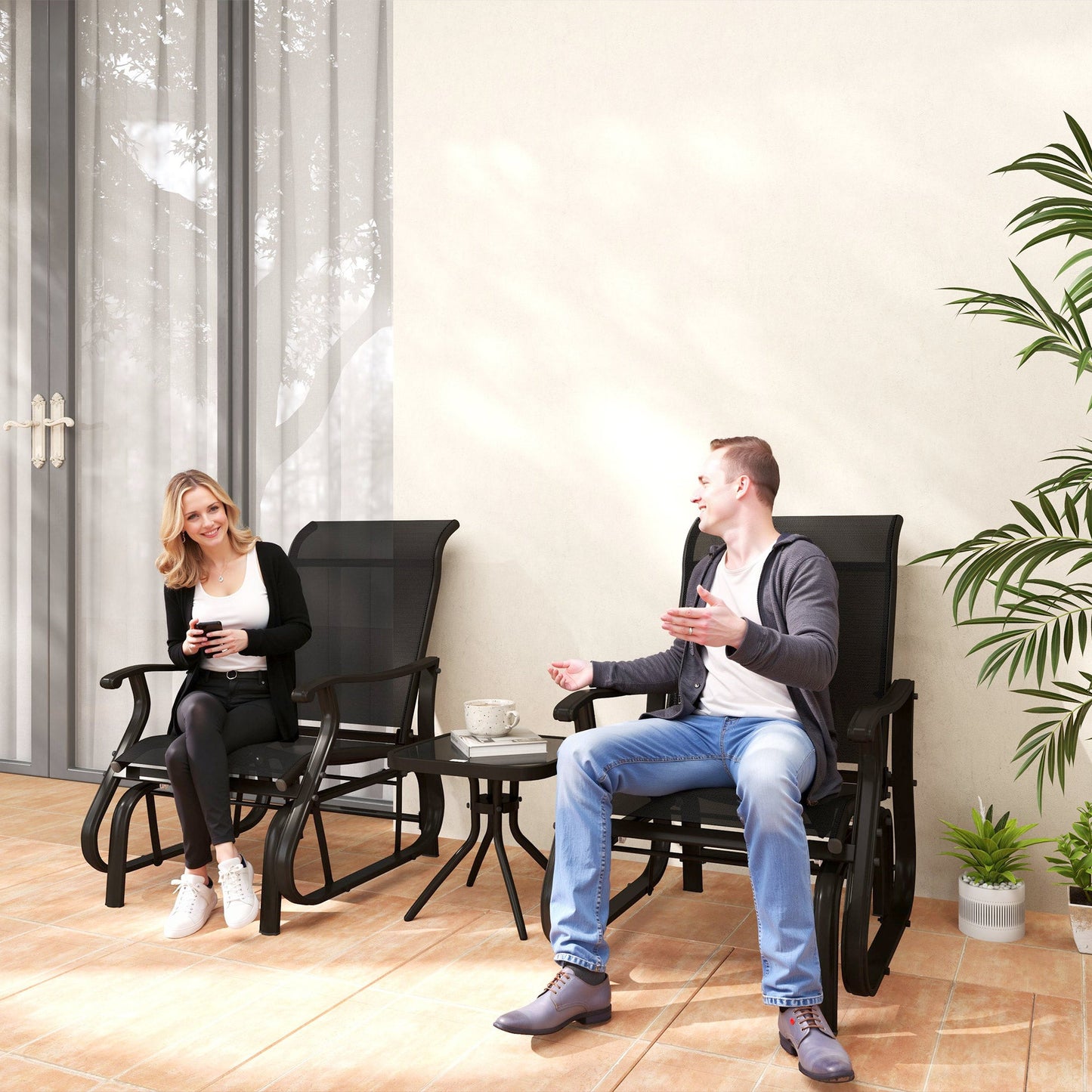3PCs Glider Rocking Chairs with Table, Outdoor Gliders with Steel Frame, Mesh Seat, Tempered Glass Table Top for Patio, Garden, Backyard, Deck, Porch, Black