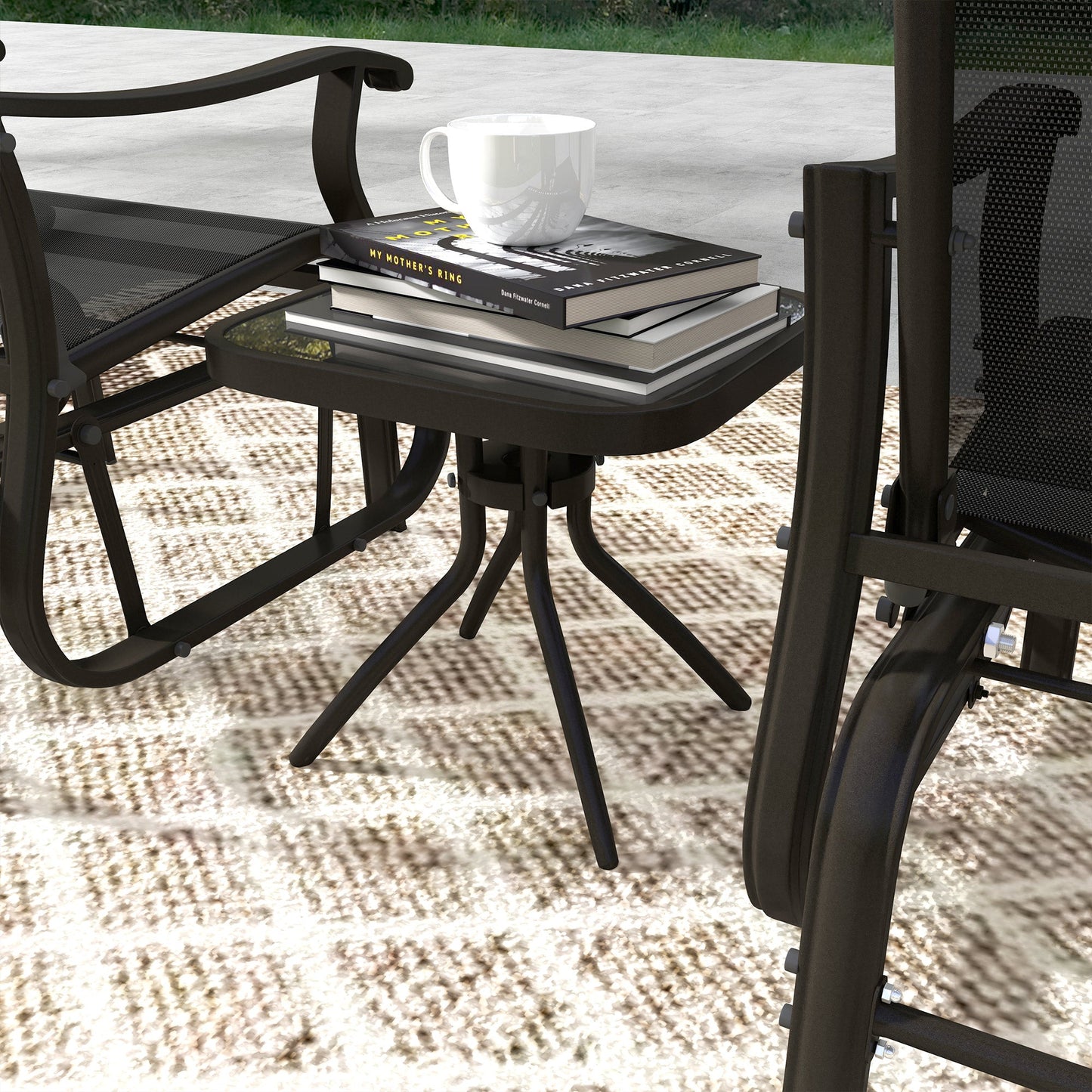 3PCs Glider Rocking Chairs with Table, Outdoor Gliders with Steel Frame, Mesh Seat, Tempered Glass Table Top for Patio, Garden, Backyard, Deck, Porch, Black