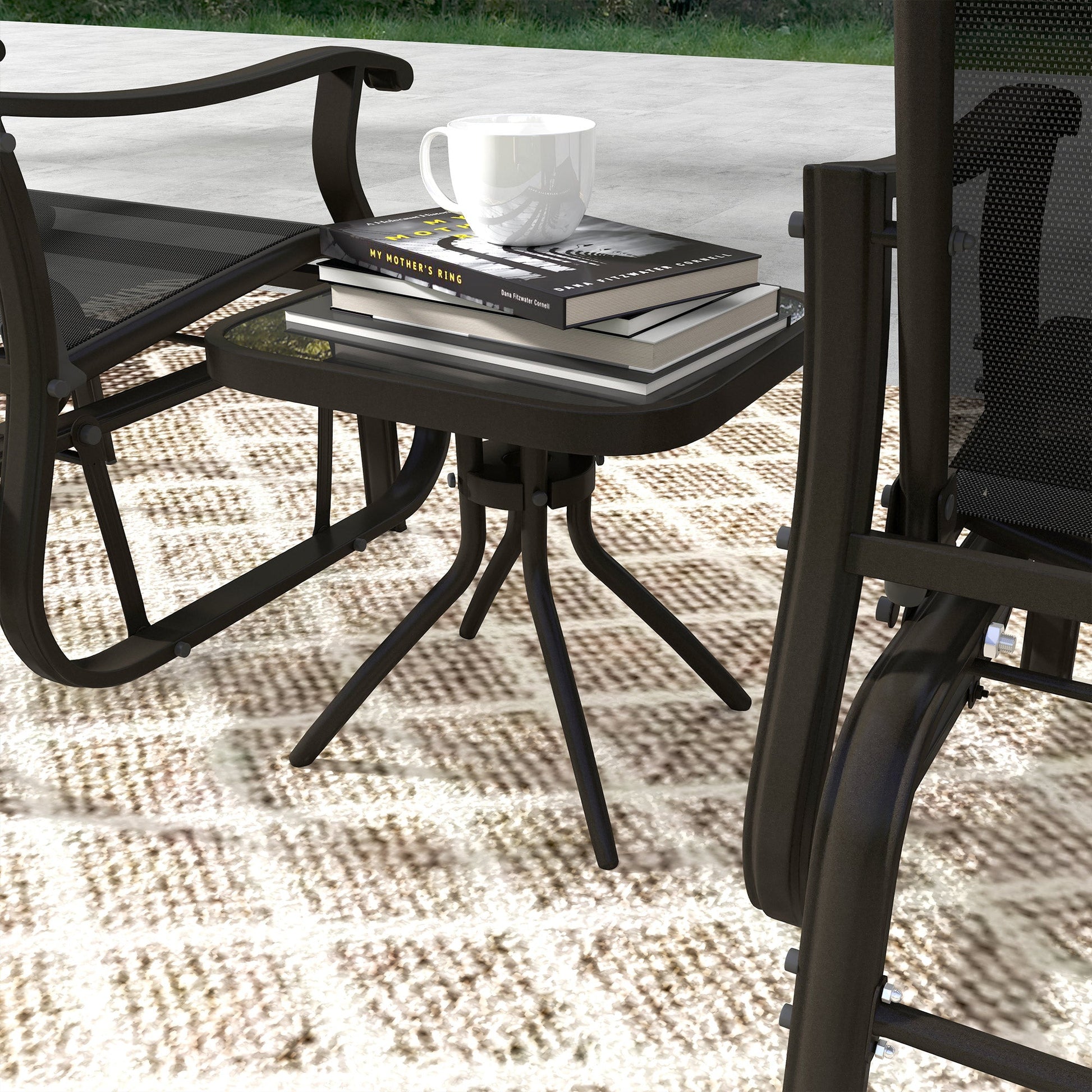 3PCs Glider Rocking Chairs with Table, Outdoor Gliders with Steel Frame, Mesh Seat, Tempered Glass Table Top for Patio, Garden, Backyard, Deck, Porch, Black