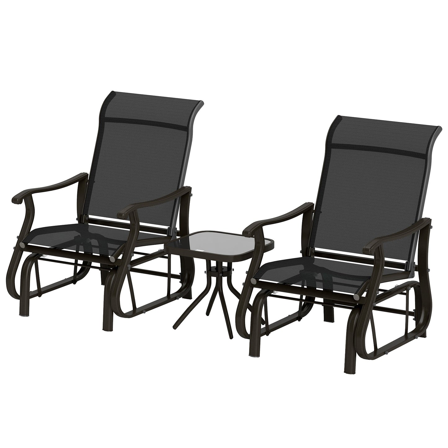 3PCs Glider Rocking Chairs with Table, Outdoor Gliders with Steel Frame, Mesh Seat, Tempered Glass Table Top for Patio, Garden, Backyard, Deck, Porch, Black
