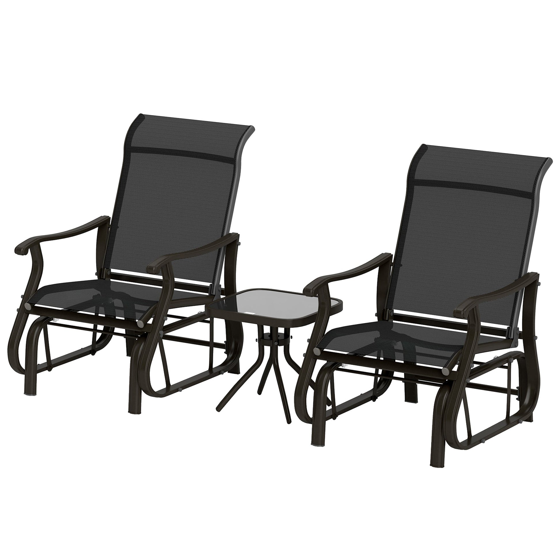 3PCs Glider Rocking Chairs with Table, Outdoor Gliders with Steel Frame, Mesh Seat, Tempered Glass Table Top for Patio, Garden, Backyard, Deck, Porch, Black