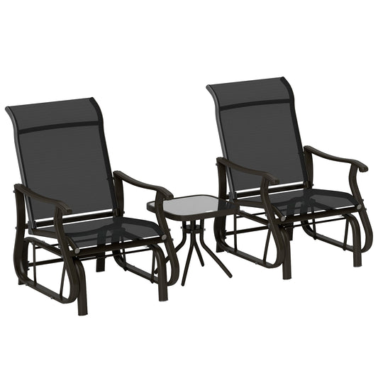 3PCs Glider Rocking Chairs with Table, Outdoor Gliders with Steel Frame, Mesh Seat, Tempered Glass Table Top for Patio, Garden, Backyard, Deck, Porch, Black