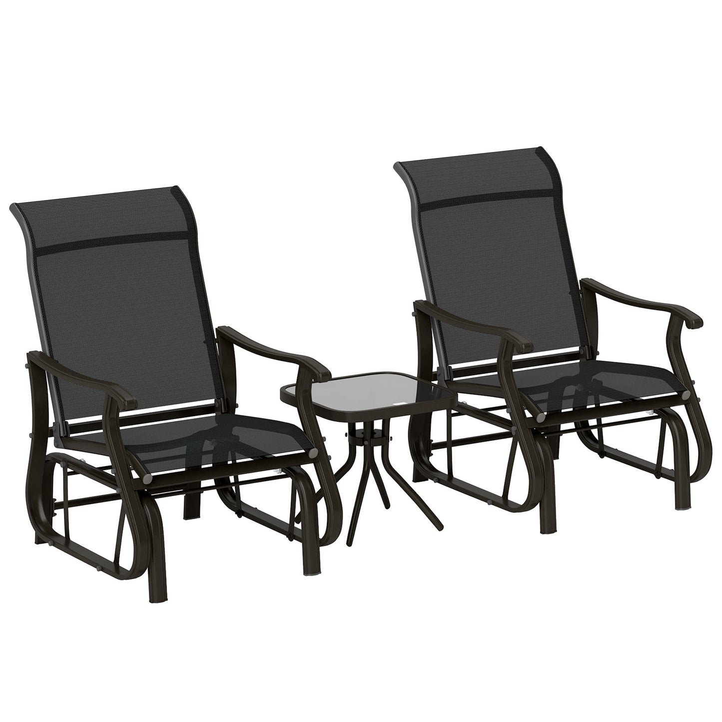 3PCs Glider Rocking Chairs with Table, Outdoor Gliders with Steel Frame, Mesh Seat, Tempered Glass Table Top for Patio, Garden, Backyard, Deck, Porch, Black