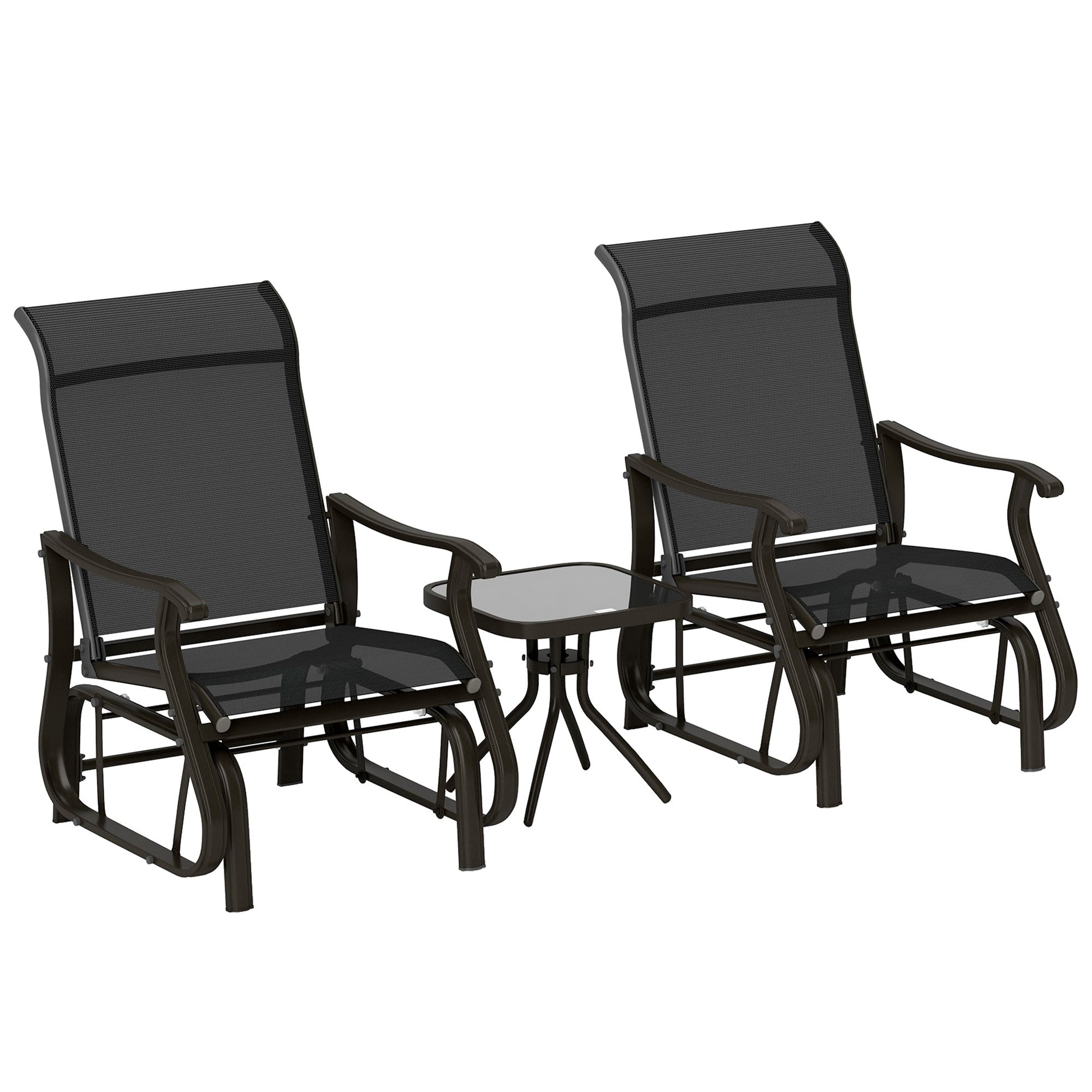 3PCs Glider Rocking Chairs with Table, Outdoor Gliders with Steel Frame, Mesh Seat, Tempered Glass Table Top for Patio, Garden, Backyard, Deck, Porch, Black