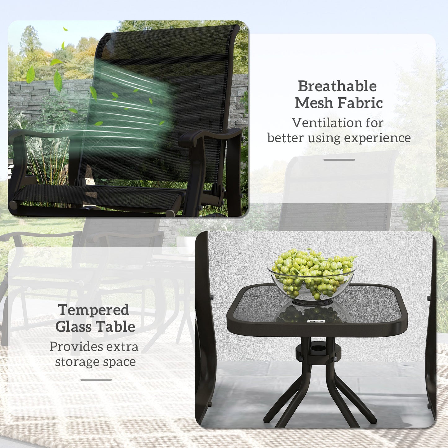 3PCs Glider Rocking Chairs with Table, Outdoor Gliders with Steel Frame, Mesh Seat, Tempered Glass Table Top for Patio, Garden, Backyard, Deck, Porch, Black