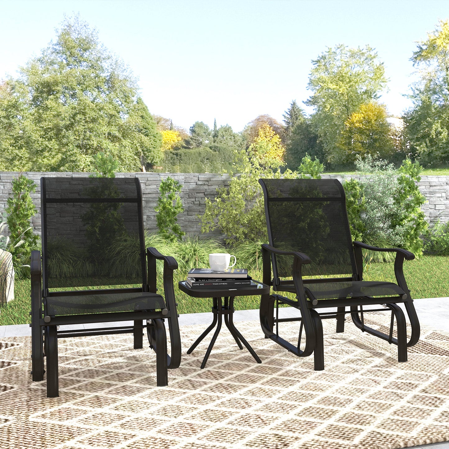 3PCs Glider Rocking Chairs with Table, Outdoor Gliders with Steel Frame, Mesh Seat, Tempered Glass Table Top for Patio, Garden, Backyard, Deck, Porch, Black