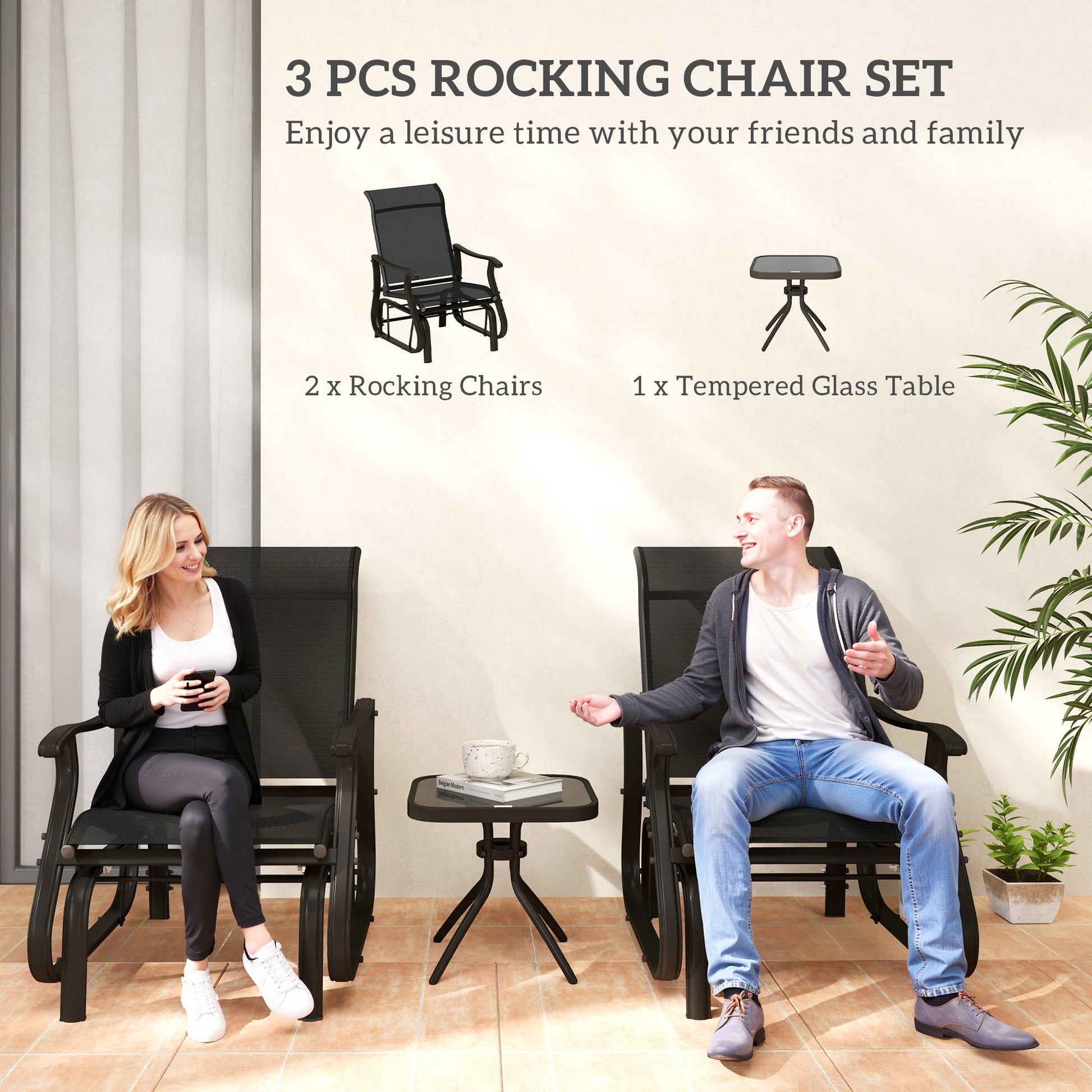 3PCs Glider Rocking Chairs with Table, Outdoor Gliders with Steel Frame, Mesh Seat, Tempered Glass Table Top for Patio, Garden, Backyard, Deck, Porch, Black