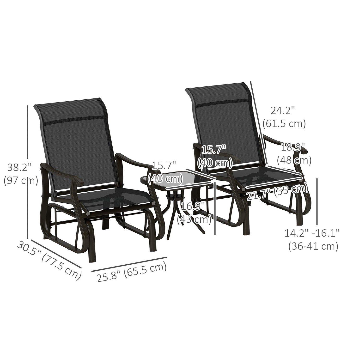 3PCs Glider Rocking Chairs with Table, Outdoor Gliders with Steel Frame, Mesh Seat, Tempered Glass Table Top for Patio, Garden, Backyard, Deck, Porch, Black