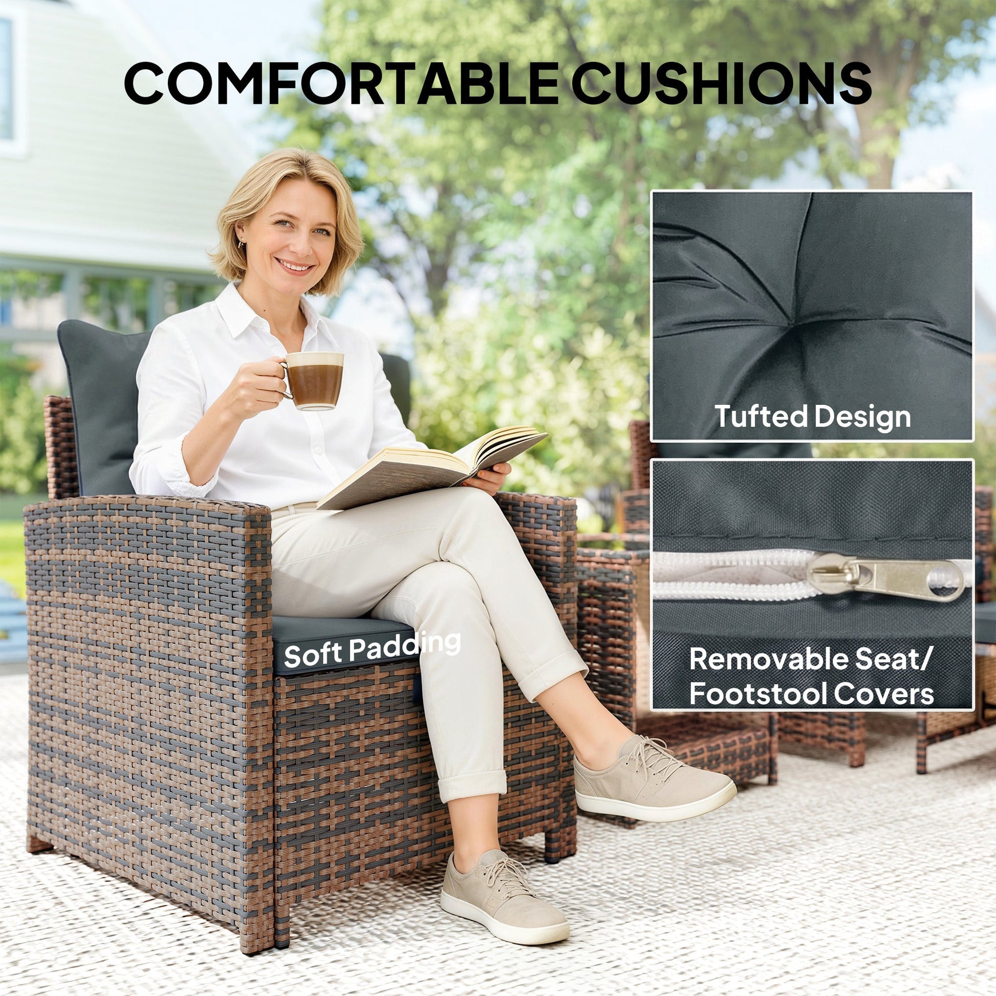 5 Piece Patio Furniture Set, Wicker Patio Chairs with Ottomans, 2-Tier Glass Coffee Table, Cushions, Outdoor Patio Furniture Conversation Set for Balcony, Brown/Dark Grey