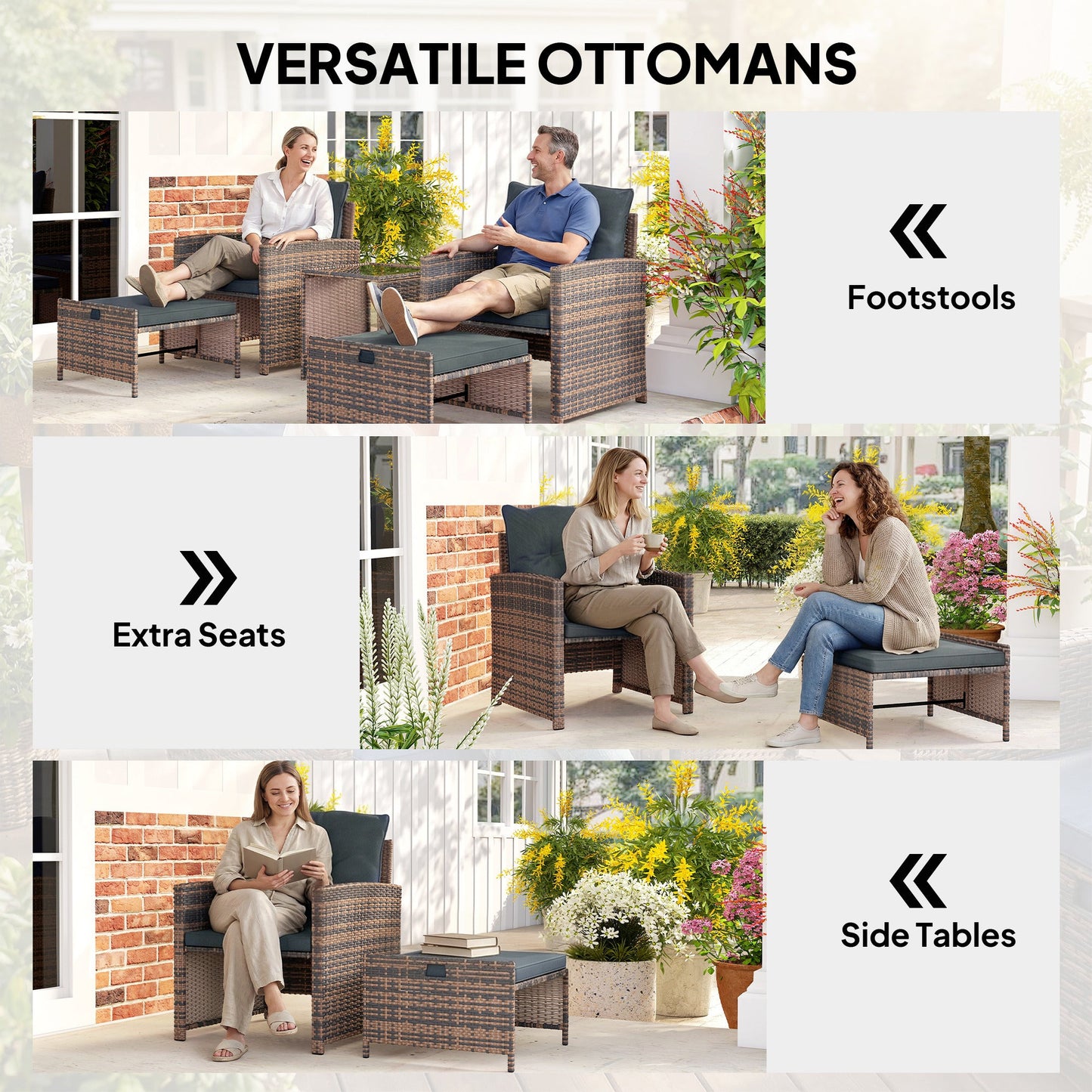 5 Piece Patio Furniture Set, Wicker Patio Chairs with Ottomans, 2-Tier Glass Coffee Table, Cushions, Outdoor Patio Furniture Conversation Set for Balcony, Brown/Dark Grey