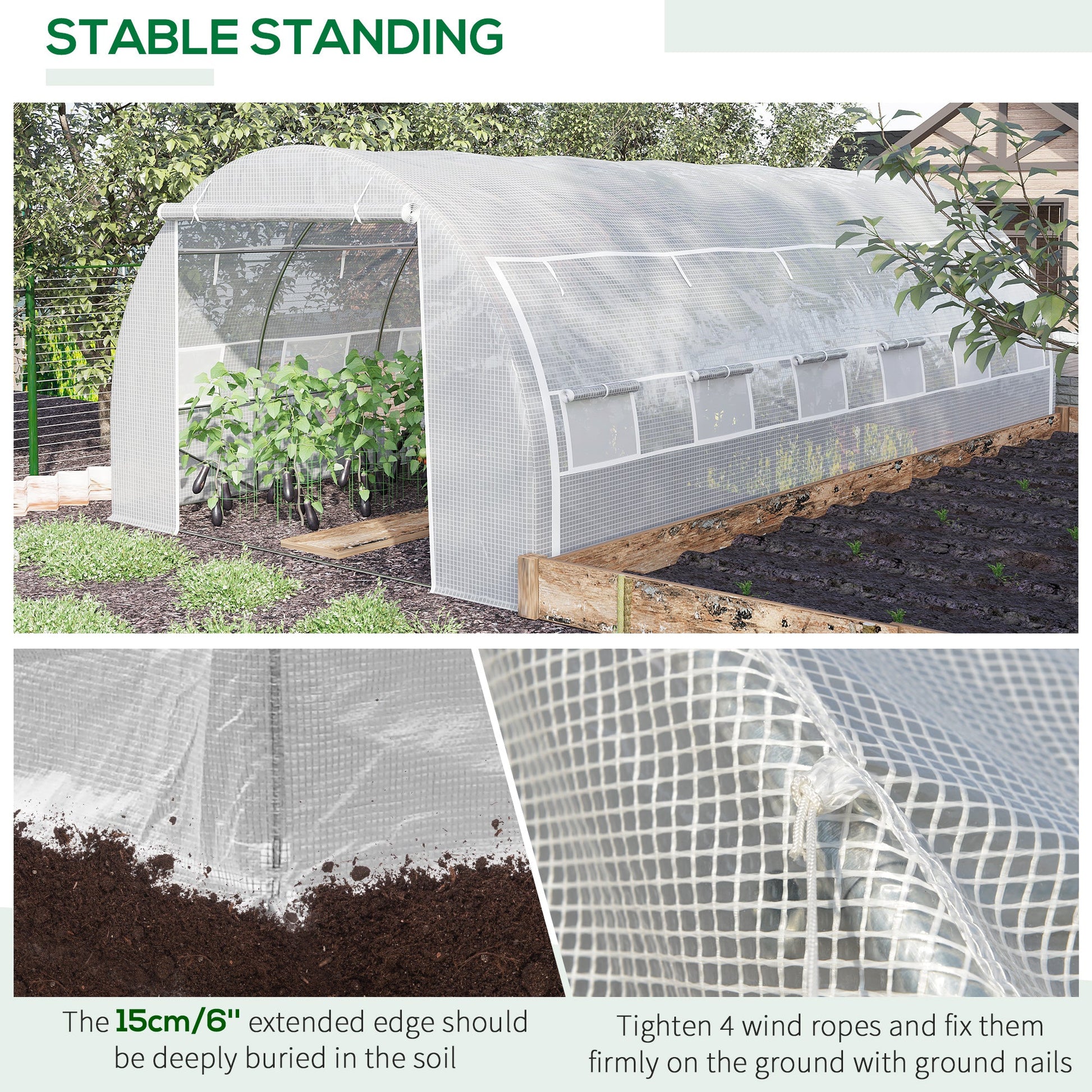 Large Walk-in Greenhouse, 20'x10'x6' Tunnel Greenhouse with Zippered Door and 12 Roll-up Windows, Outdoor Green House for Garden Plant, White