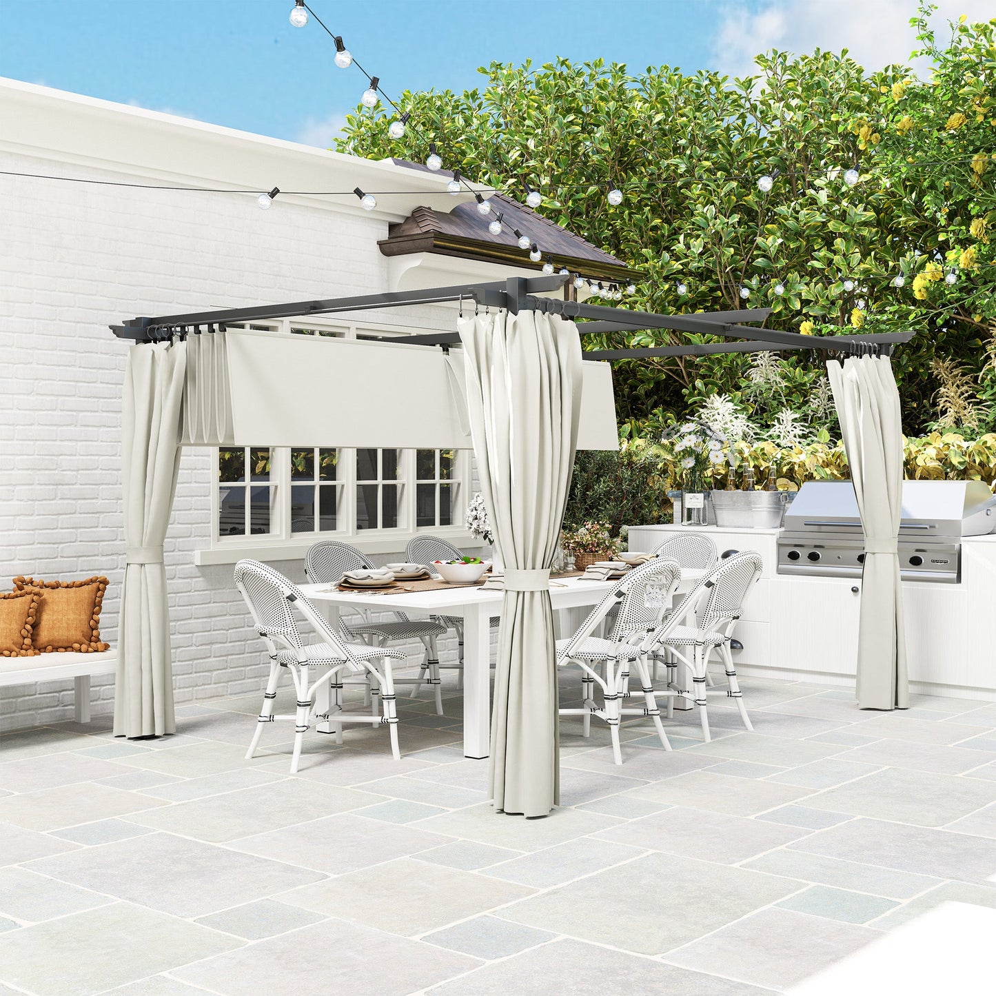 10' x 13' Retractable Pergola Canopy with Curtains, Outdoor Gazebo UPF30+ Sun Shade Shelter for Grill, Garden, Patio, Backyard, Deck, Cream White