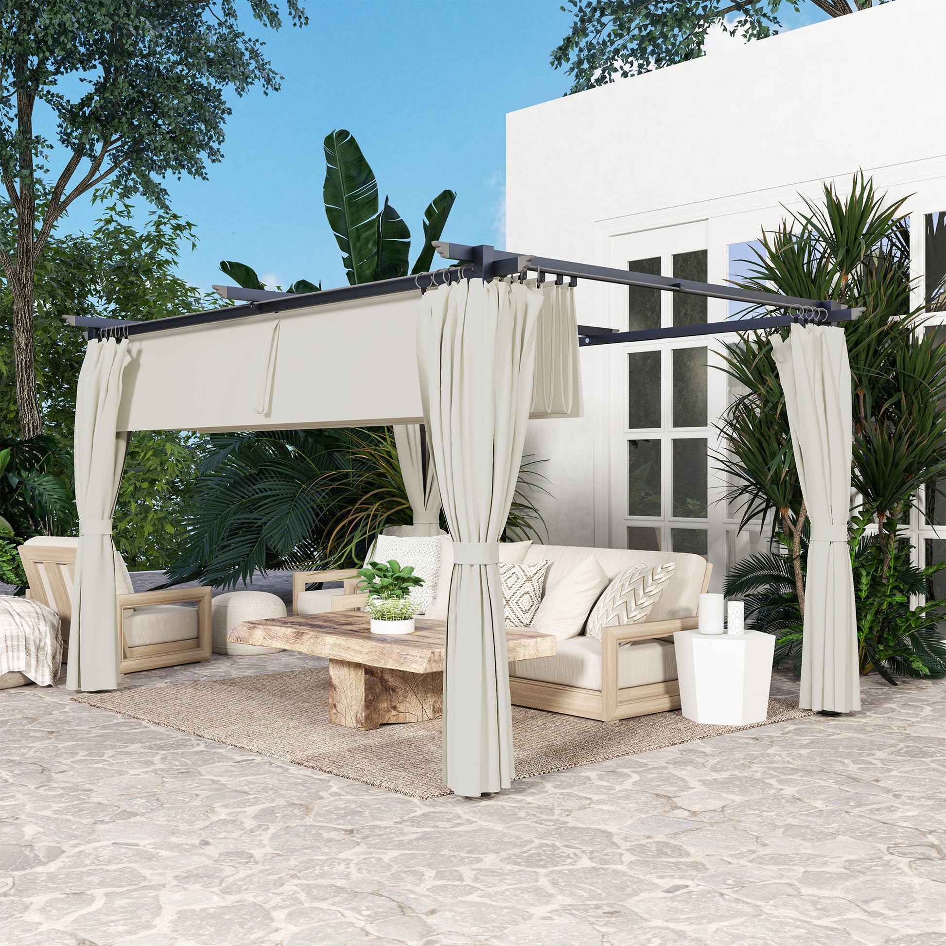 10' x 13' Retractable Pergola Canopy with Curtains, Outdoor Gazebo UPF30+ Sun Shade Shelter for Grill, Garden, Patio, Backyard, Deck, Cream White