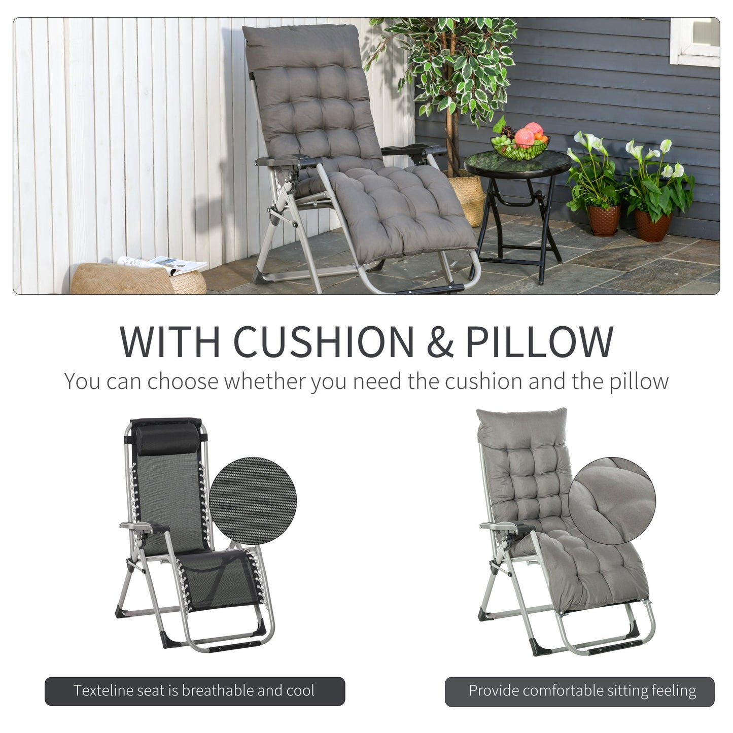 Reclining Zero Gravity Chair with Adjustable Backrest, Folding Garden Sun Lounger with Removable Cushion and Headrest, Dark Grey