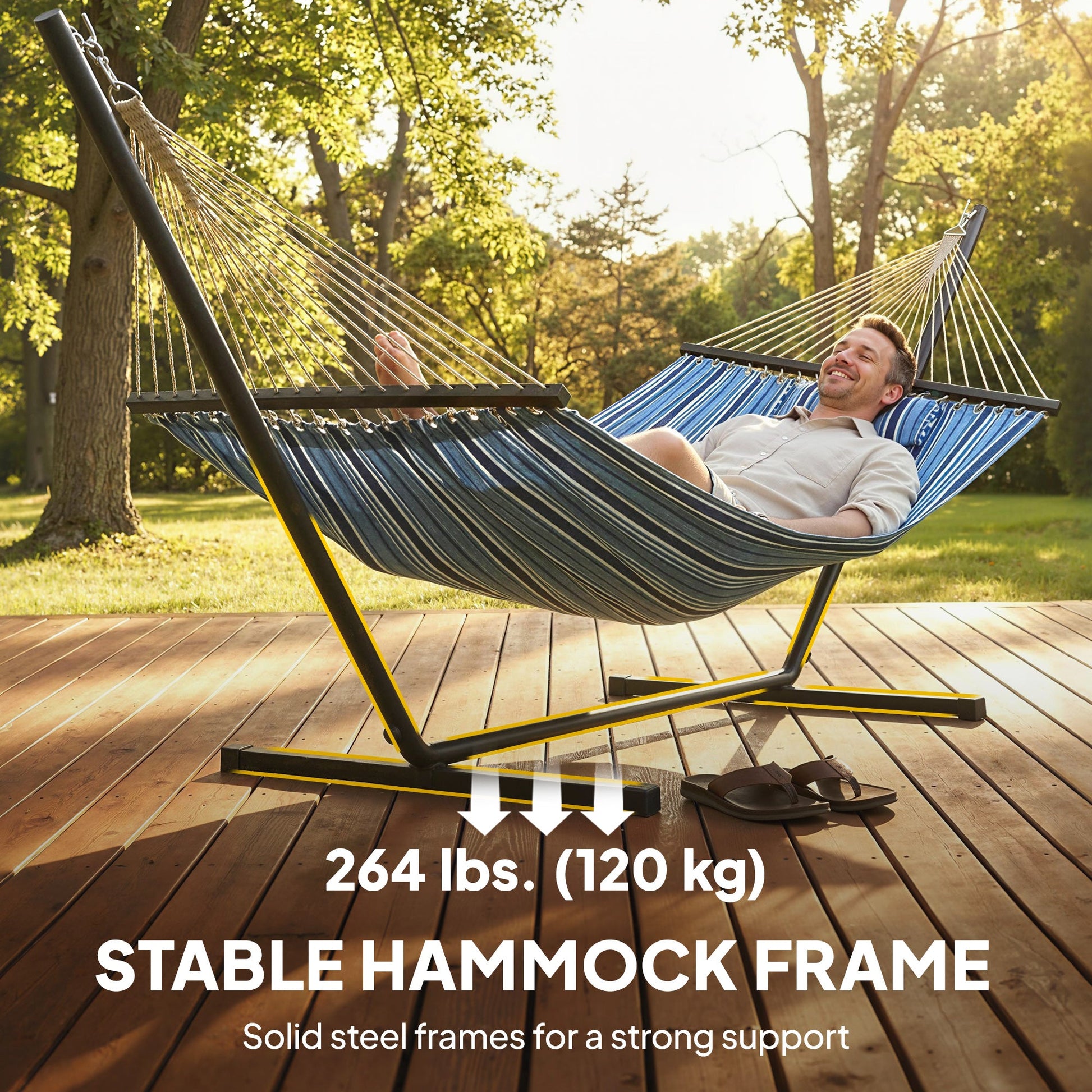 Outdoor Hammock with Stand, Detachable Pillow and Spreader Bars, Heavy Duty Hammock for Outdoor, 264 lbs Capacity Steel Stand, Blue