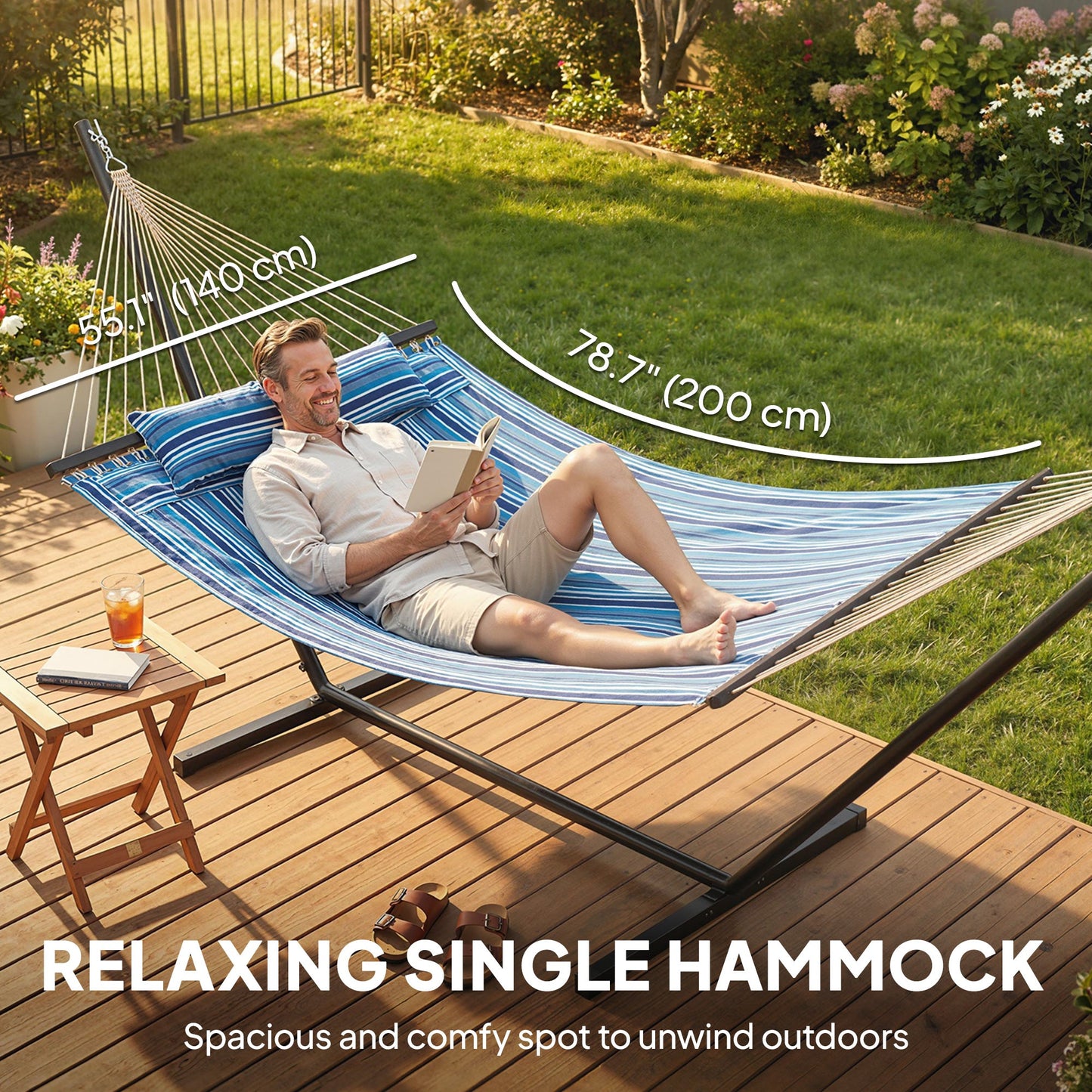 Outdoor Hammock with Stand, Detachable Pillow and Spreader Bars, Heavy Duty Hammock for Outdoor, 264 lbs Capacity Steel Stand, Blue