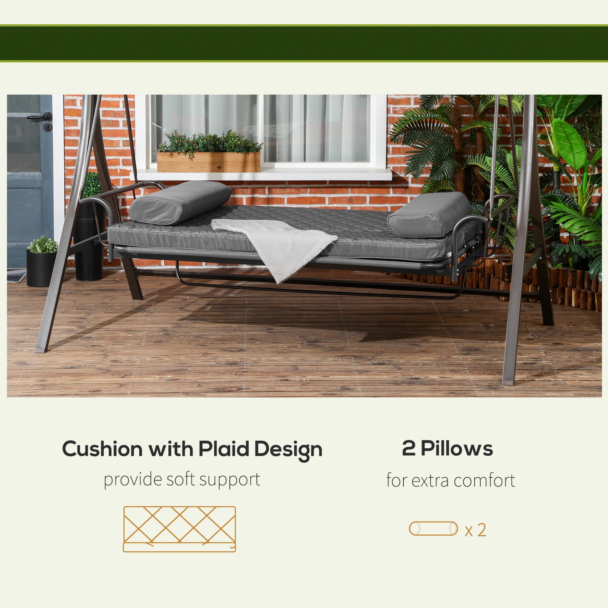 3 Person Porch Swing Bed, Outdoor Patio Swing Chair Bench Hammock with Adjustable Canopy, Cushions, Pillows for Porch and Backyard, Dark Grey