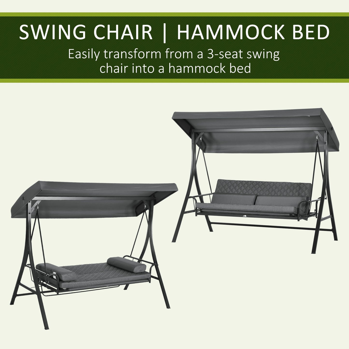 3 Person Porch Swing Bed, Outdoor Patio Swing Chair Bench Hammock with Adjustable Canopy, Cushions, Pillows for Porch and Backyard, Dark Grey