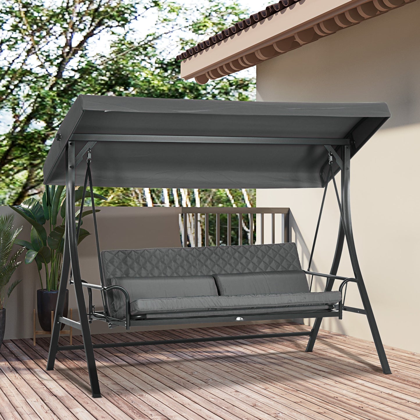 3 Person Porch Swing Bed, Outdoor Patio Swing Chair Bench Hammock with Adjustable Canopy, Cushions, Pillows for Porch and Backyard, Dark Grey