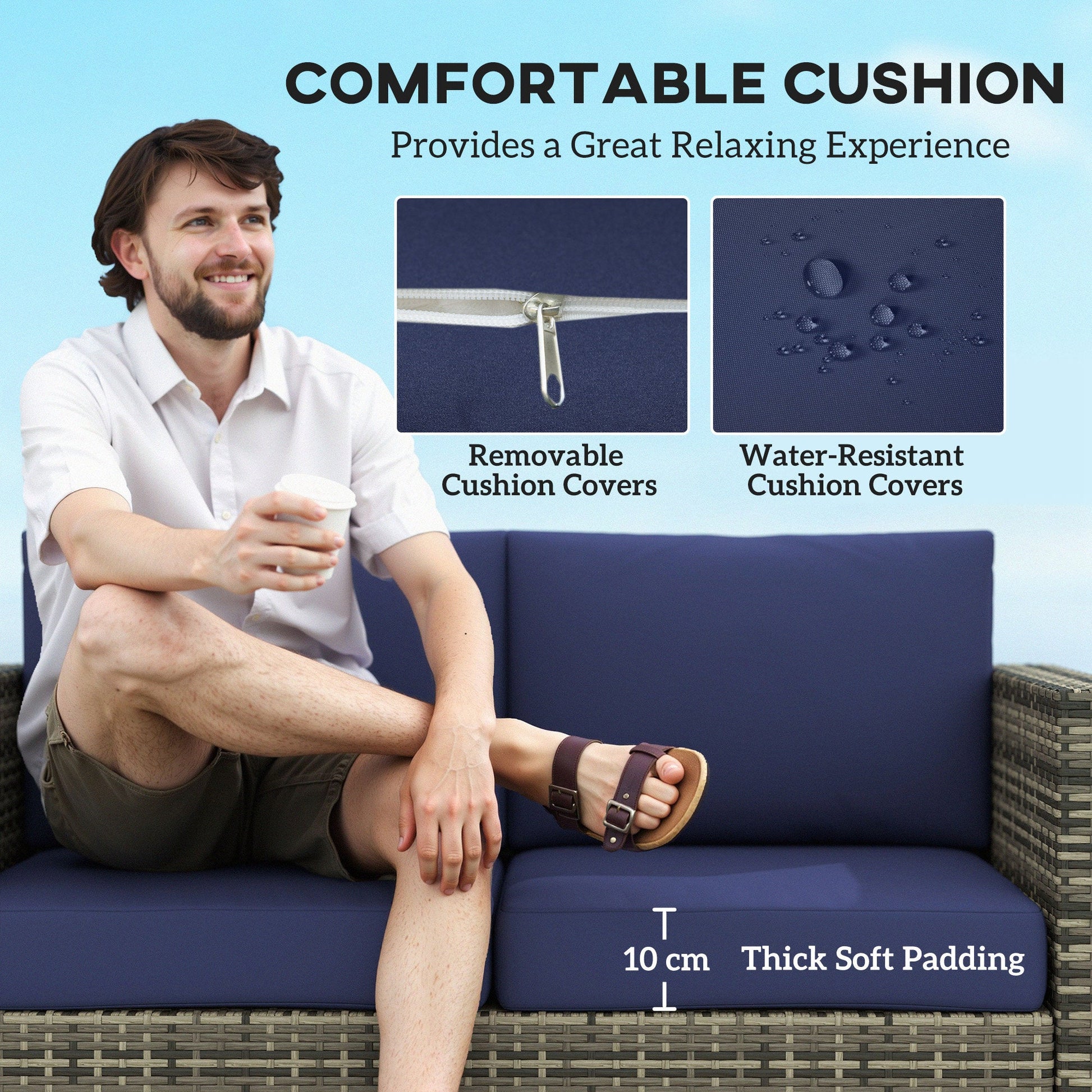2 Seat Patio Loveseat Deluxe Wicker Sofa Chair Outdoor Rattan Furniture Couch All Weather with Cushion for Balcony, Deck, Garden and Poolside, Dark Blue