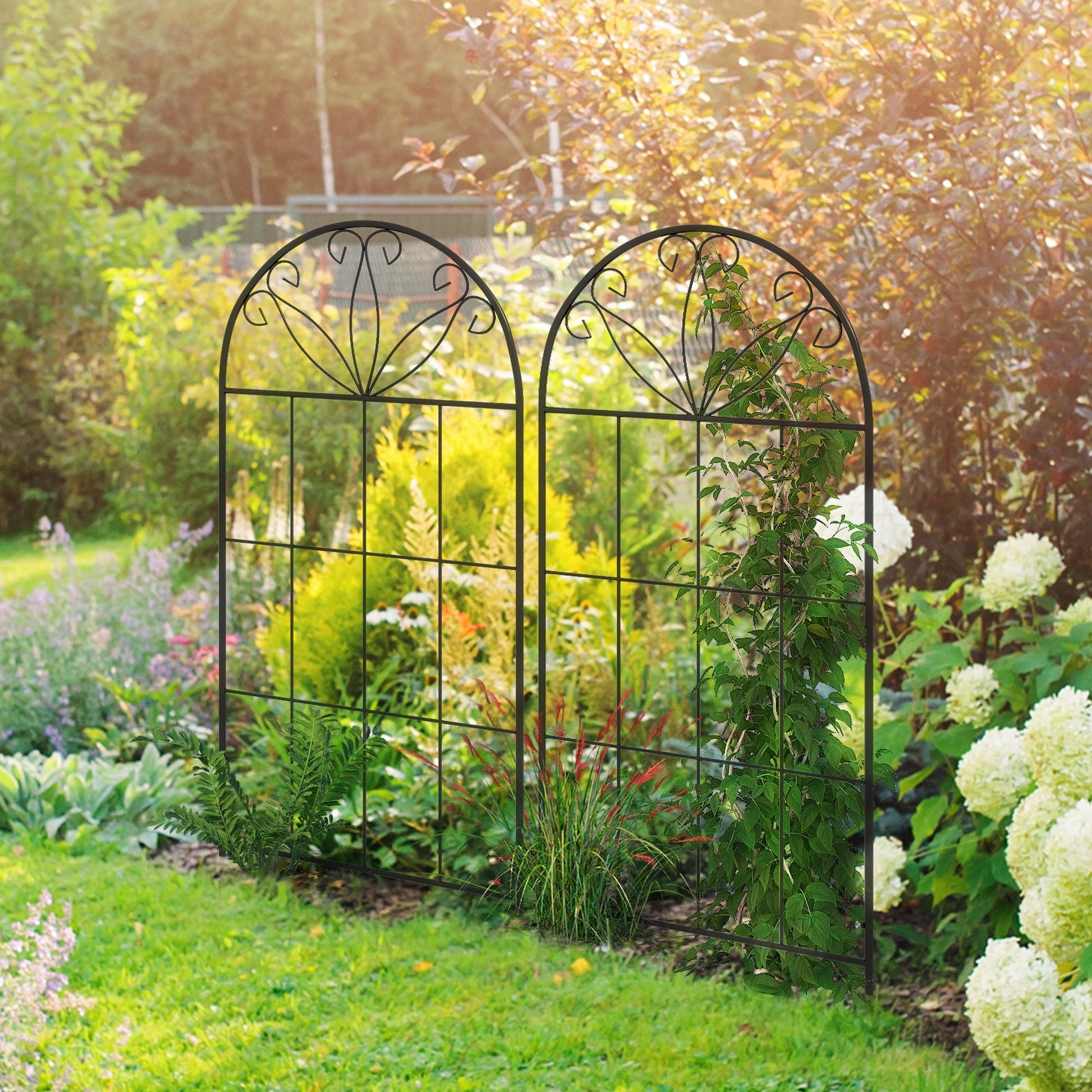 Metal Garden Trellis Pack of 2 for Climbing Plants, Arched Grid Trellis Panels, 20" x 47", Black