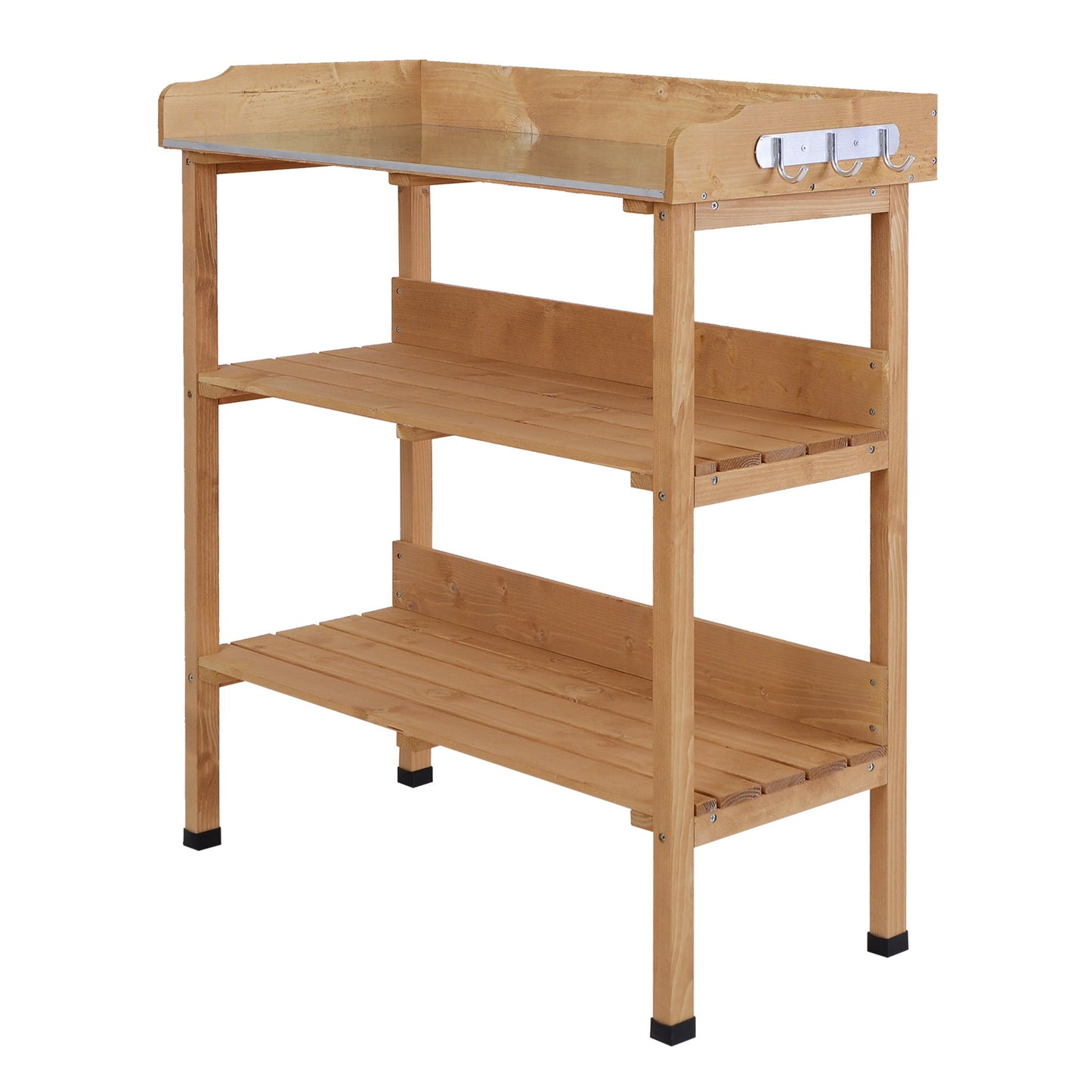 Outdoor Potting Bench, Wooden Potting Table with Storage Shelf, Metal Table Top, Hooks for Backyard, Patio, Balcony, Natural