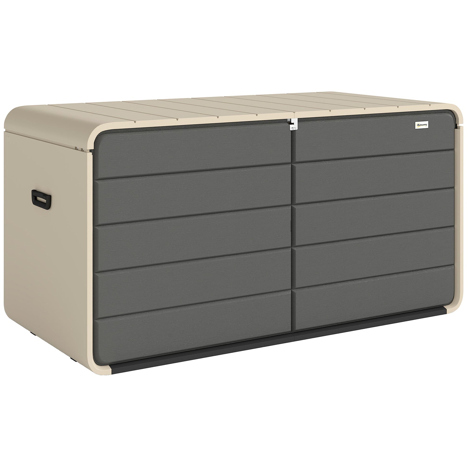 757 L Garden Storage Box, HDPE Deck Box with Wheels, Lockable Lid, Pneumatic Gas Rods and Side Handles, Outdoor Patio Storage Container for Garden Tools, Beige and Grey