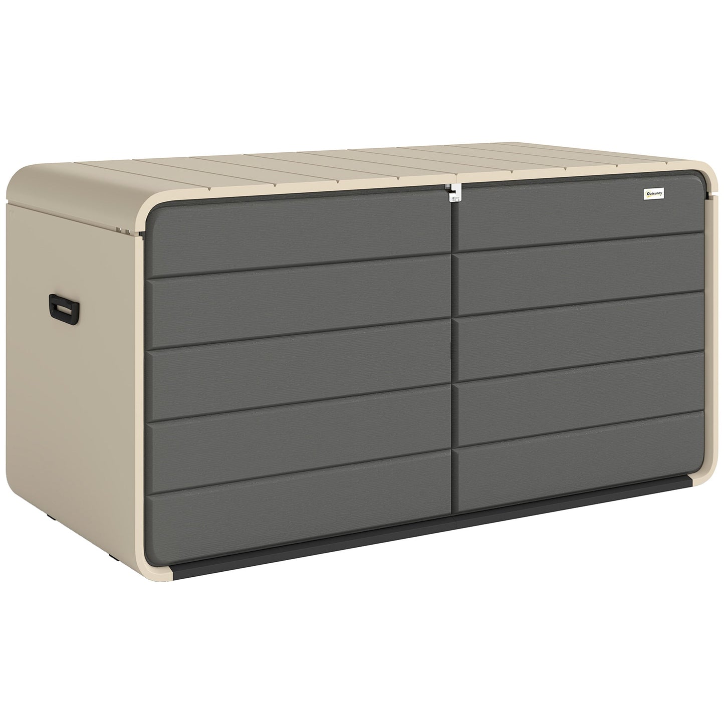 757 L Garden Storage Box, HDPE Deck Box with Wheels, Lockable Lid, Pneumatic Gas Rods and Side Handles, Outdoor Patio Storage Container for Garden Tools, Beige and Grey