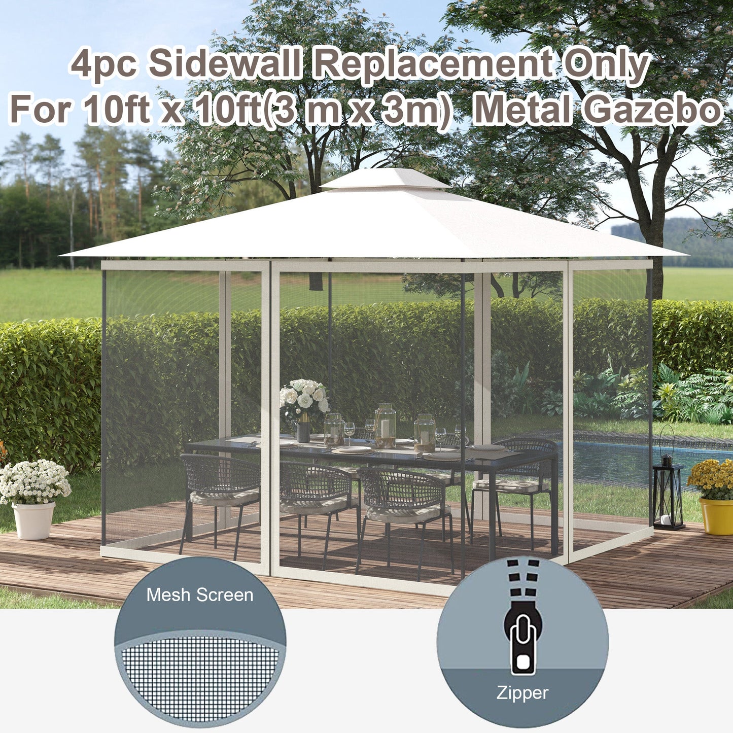 Replacement Mosquito Netting for Gazebo 10' x 10' Black Screen Walls for Canopy with Zippers for Parties and Outdoor Activities, White