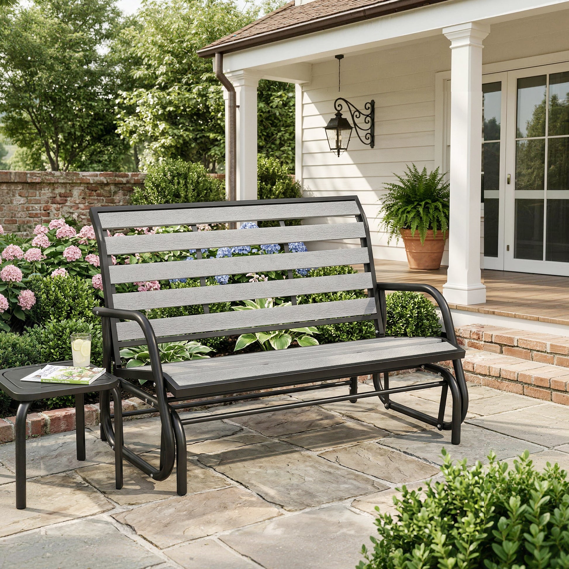 2 Person Outdoor Glider Bench, Patio Glider Swing Loveseat with Faux Wood Slatted Seat and Back, Outdoor Swing Bench with Steel Frame for Backyard, Garden, Porch, Grey