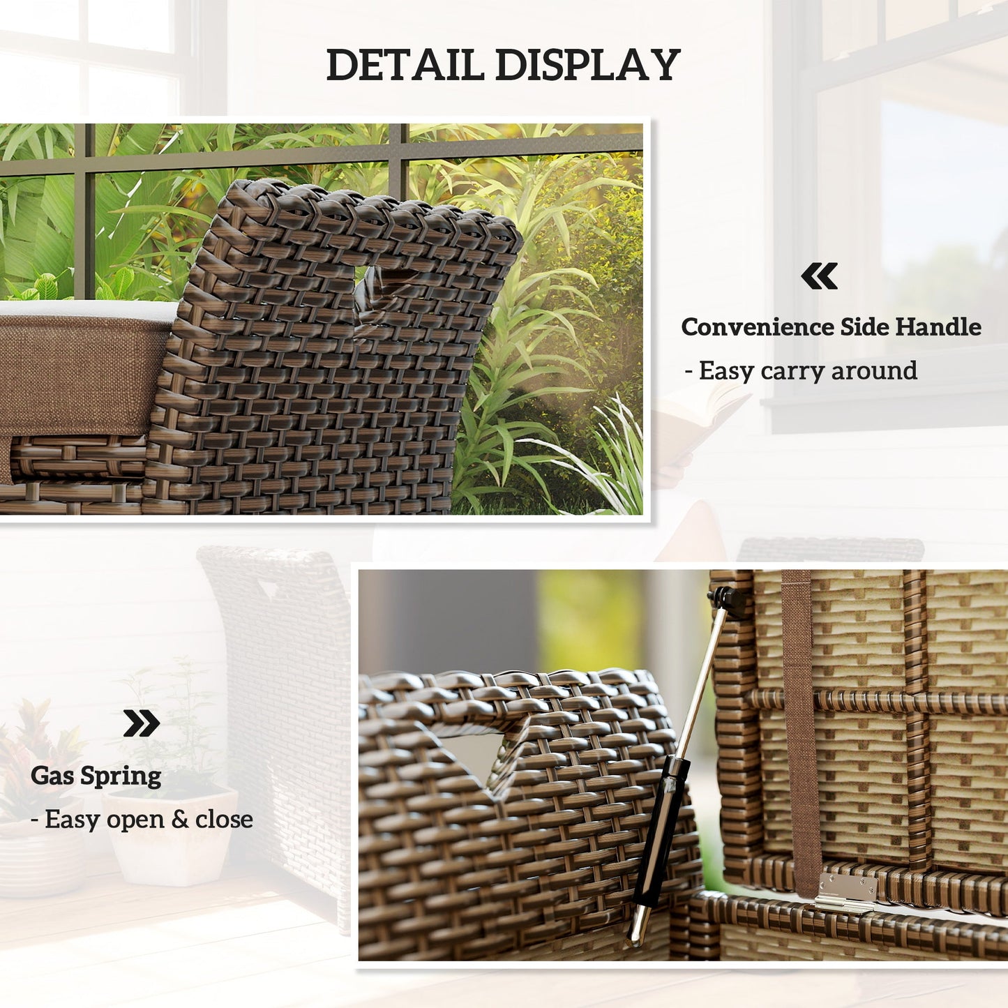 2-In-1 Patio Wicker Storage Bench, 29 Gallon Outdoor PE Rattan Patio Furniture, Large Capacity Rectangle Basket Box with Handles and Cushion, Tan