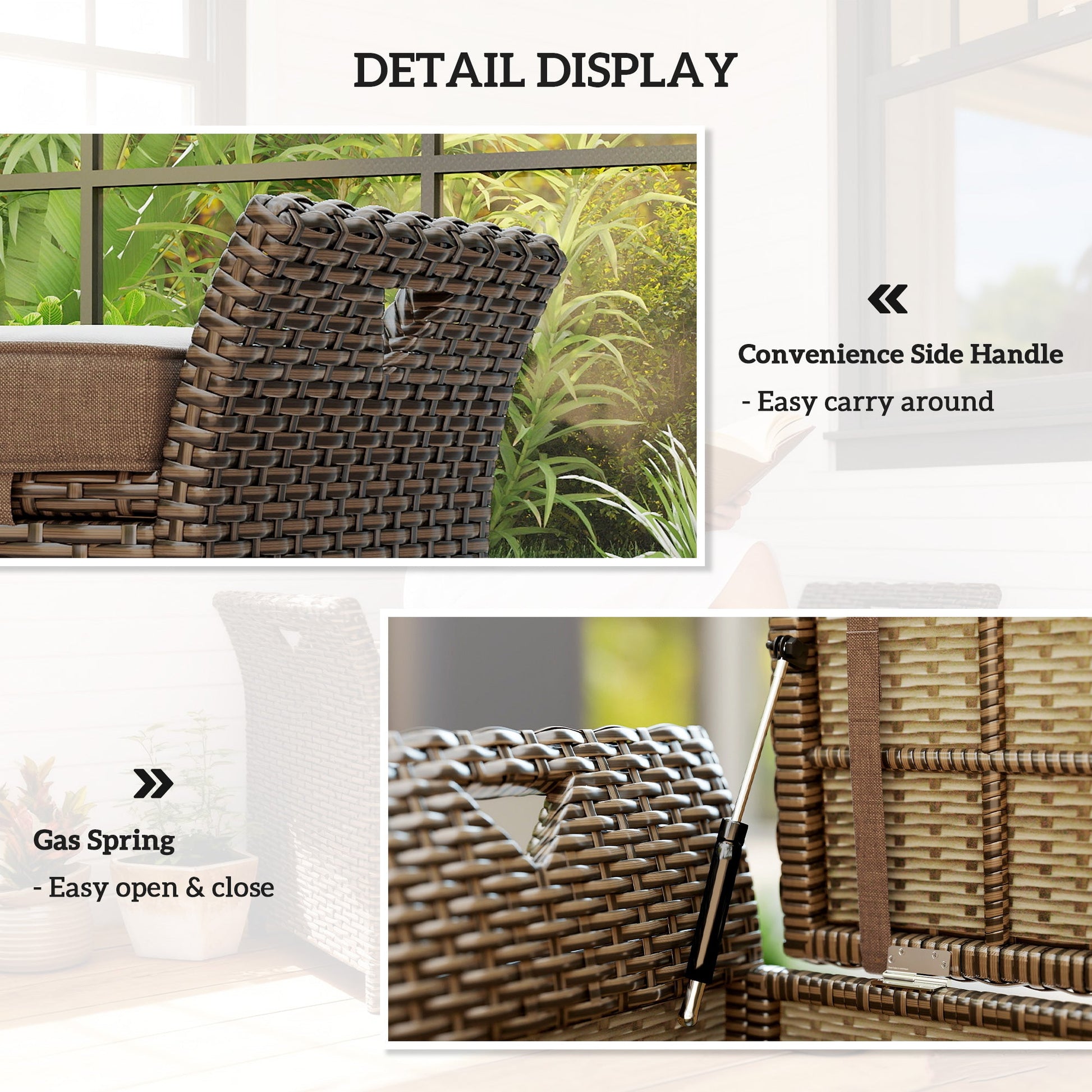 2-In-1 Patio Wicker Storage Bench, 29 Gallon Outdoor PE Rattan Patio Furniture, Large Capacity Rectangle Basket Box with Handles and Cushion, Tan