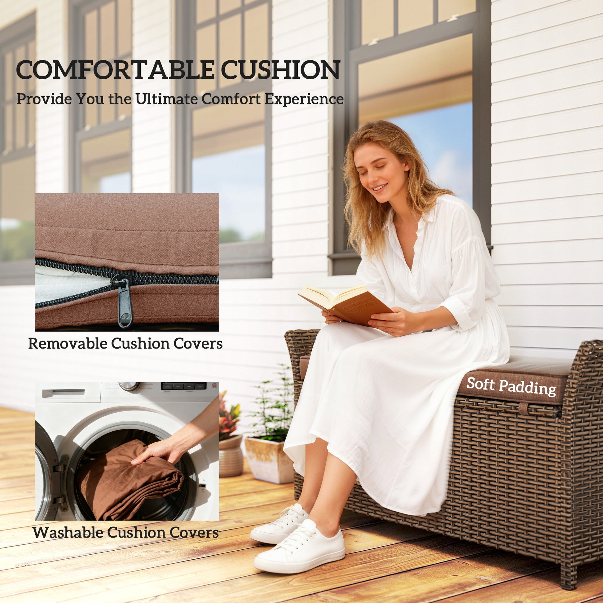 2-In-1 Patio Wicker Storage Bench, 29 Gallon Outdoor PE Rattan Patio Furniture, Large Capacity Rectangle Basket Box with Handles and Cushion, Tan