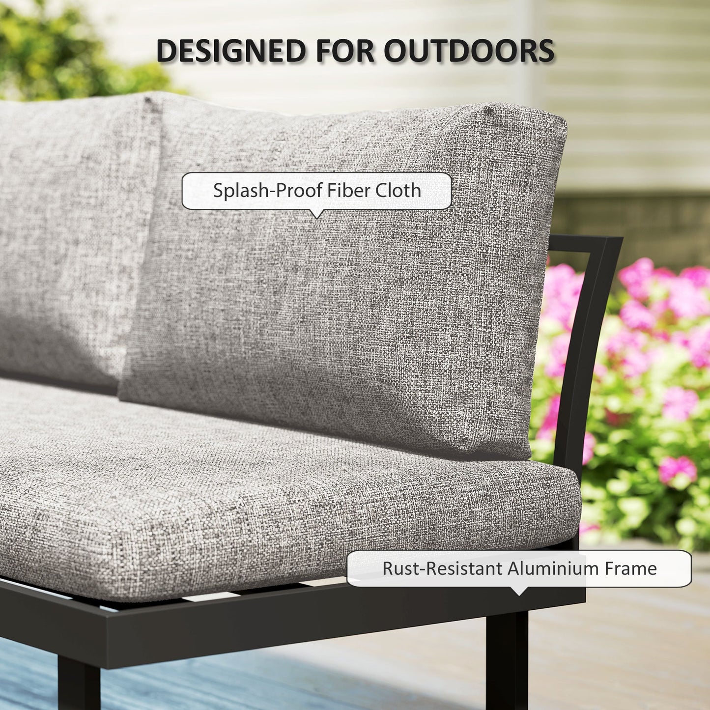 3 Pieces Sectional Patio Furniture Set with 2 Loveseats, WPC Coffee Table, L Shaped Aluminum Outdoor Furniture Sofa Set with Removable Backs, Thick Cushions, Light Grey