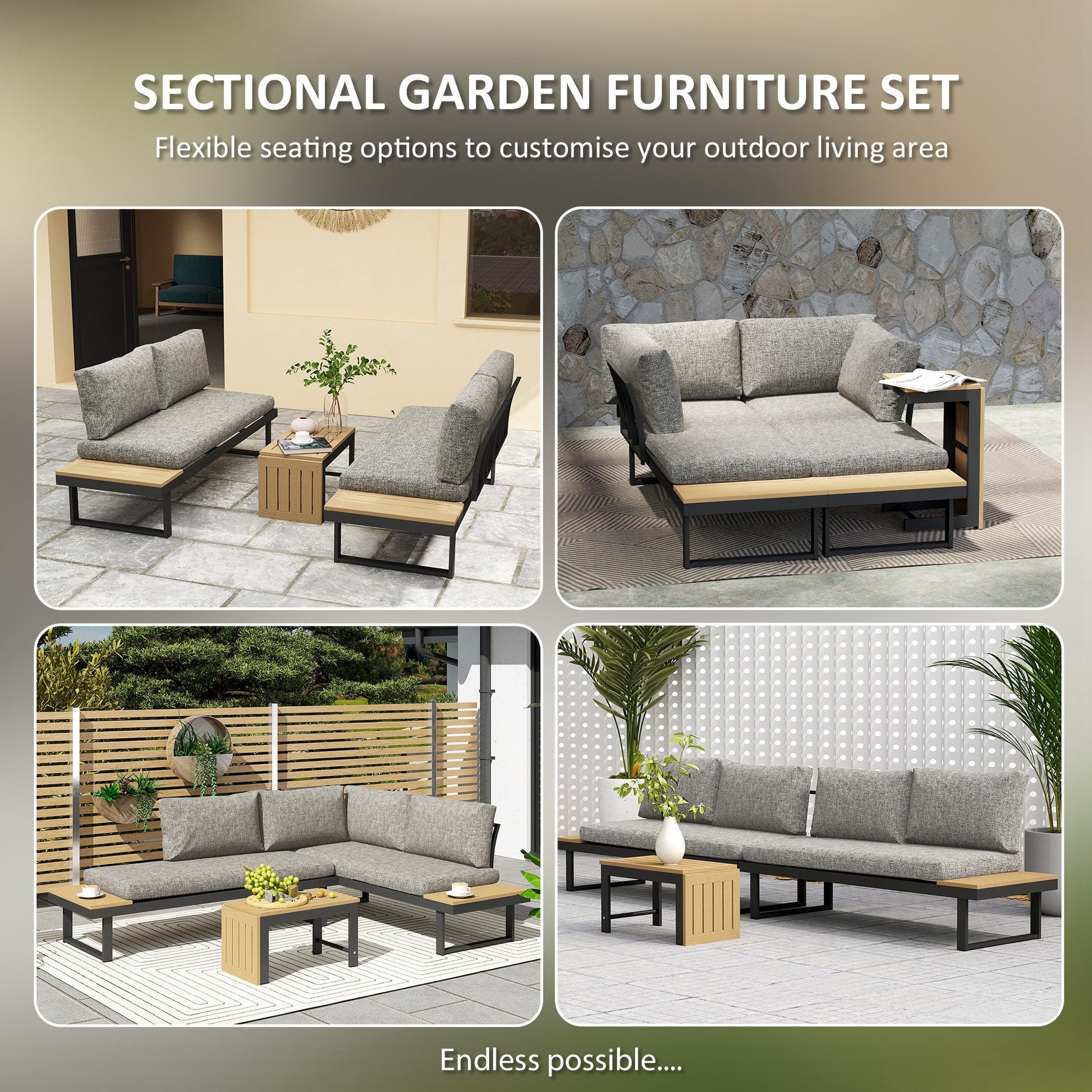 3 Pieces Sectional Patio Furniture Set with 2 Loveseats, WPC Coffee Table, L Shaped Aluminum Outdoor Furniture Sofa Set with Removable Backs, Thick Cushions, Light Grey