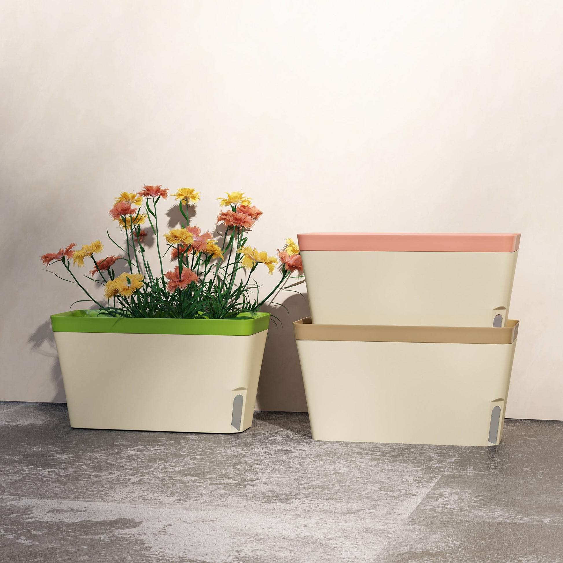 3 Pack Self Watering Planter Box, 10.5 Inch Outdoor Flower Pots with Water Level Indicator, Plastic Planter Pots for Herbs, Vegetables, Flowers, Succulents Plants