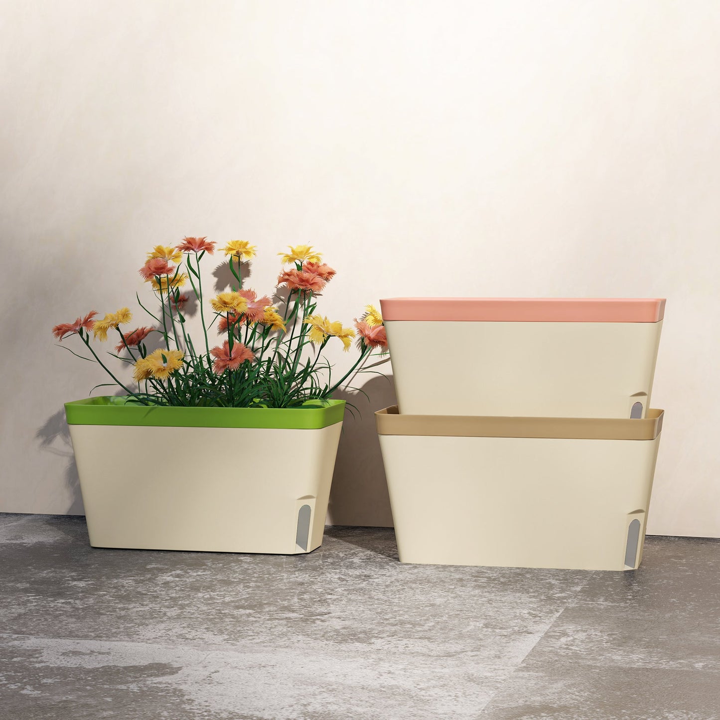 3 Pack Self Watering Planter Box, 10.5 Inch Outdoor Flower Pots with Water Level Indicator, Plastic Planter Pots for Herbs, Vegetables, Flowers, Succulents Plants