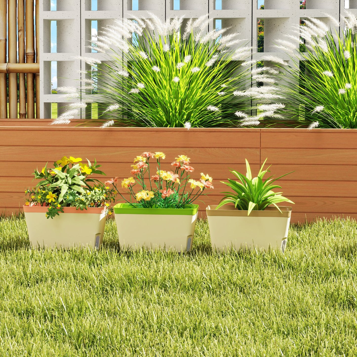 3 Pack Self Watering Planter Box, 10.5 Inch Outdoor Flower Pots with Water Level Indicator, Plastic Planter Pots for Herbs, Vegetables, Flowers, Succulents Plants