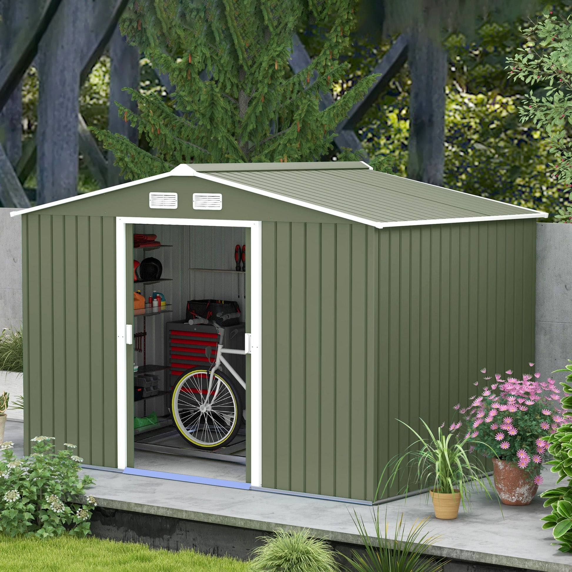 9' x 6' Garden Storage Shed with Foundation Kit, Metal Tool Storage House with Double Doors for Outdoor Patio Yard, Light Green