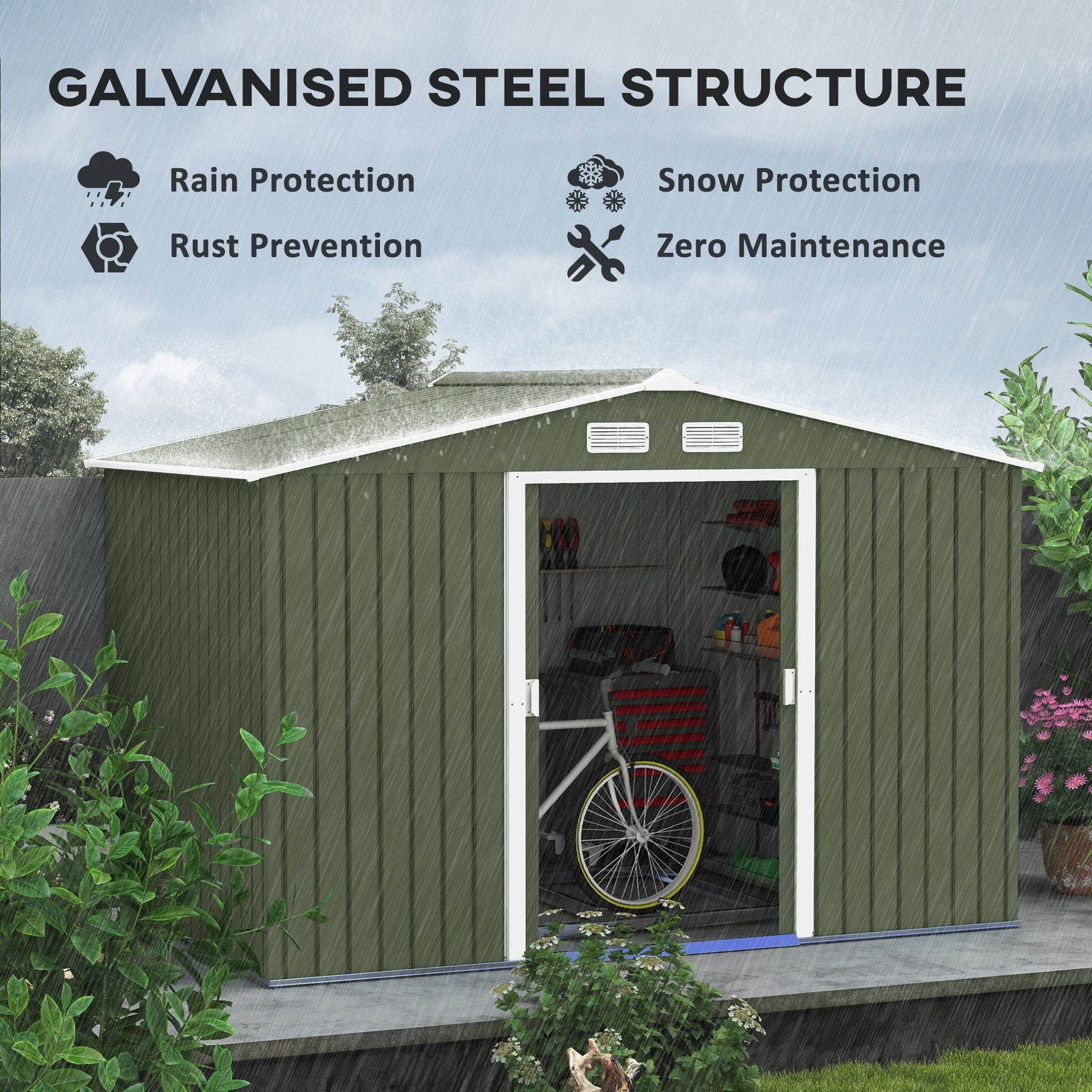 9' x 6' Garden Storage Shed with Foundation Kit, Metal Tool Storage House with Double Doors for Outdoor Patio Yard, Light Green