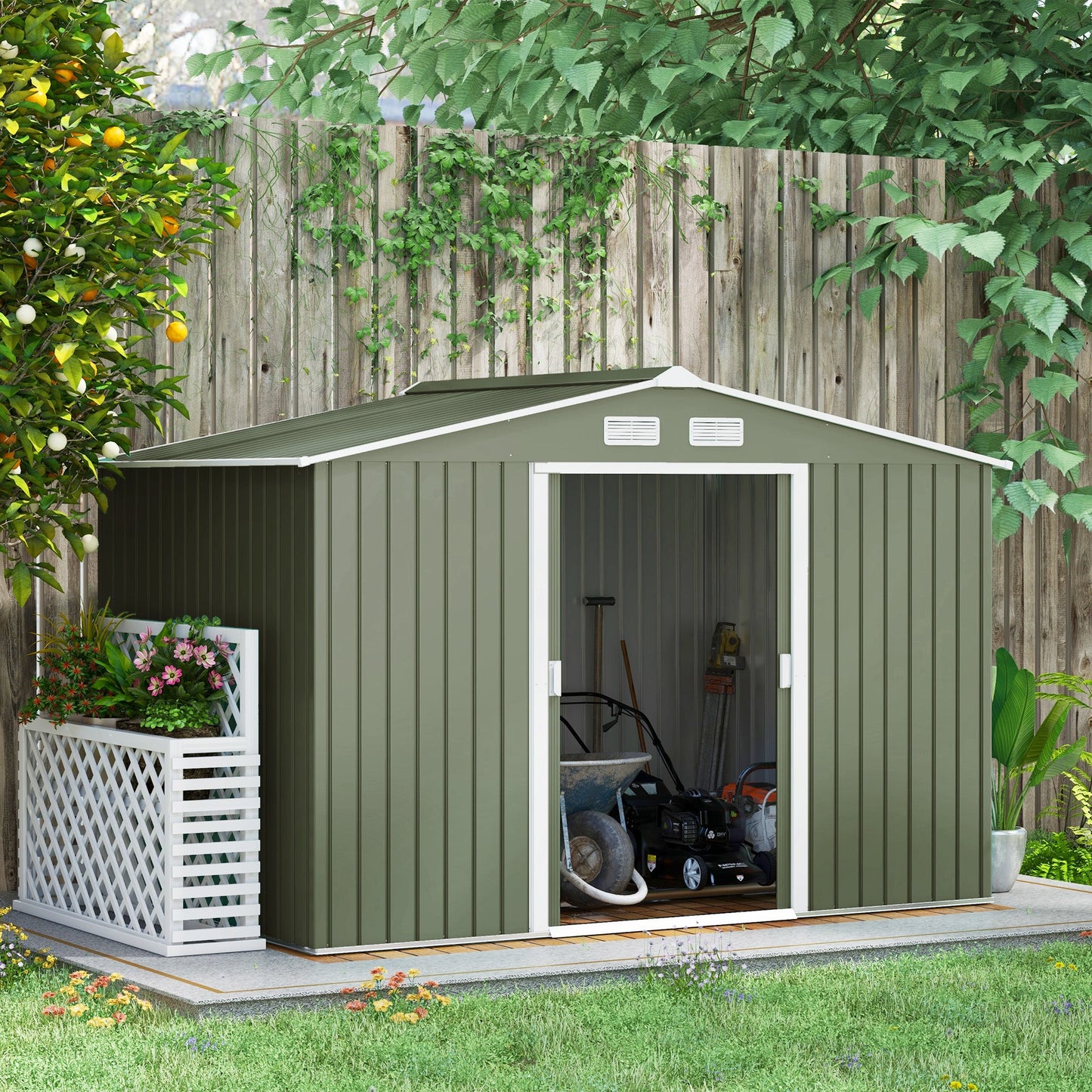 9' x 6' Garden Storage Shed with Foundation Kit, Metal Tool Storage House with Double Doors for Outdoor Patio Yard, Light Green