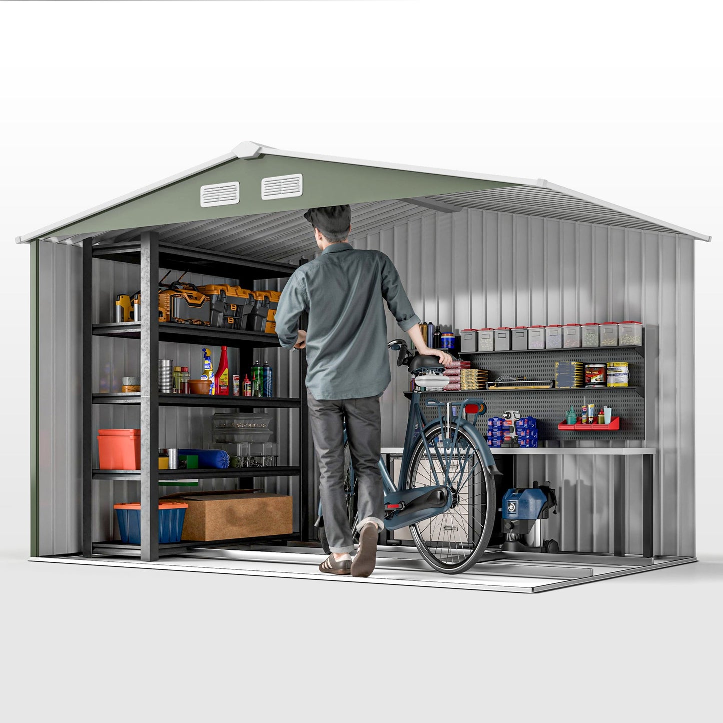 9' x 6' Garden Storage Shed with Foundation Kit, Metal Tool Storage House with Double Doors for Outdoor Patio Yard, Light Green